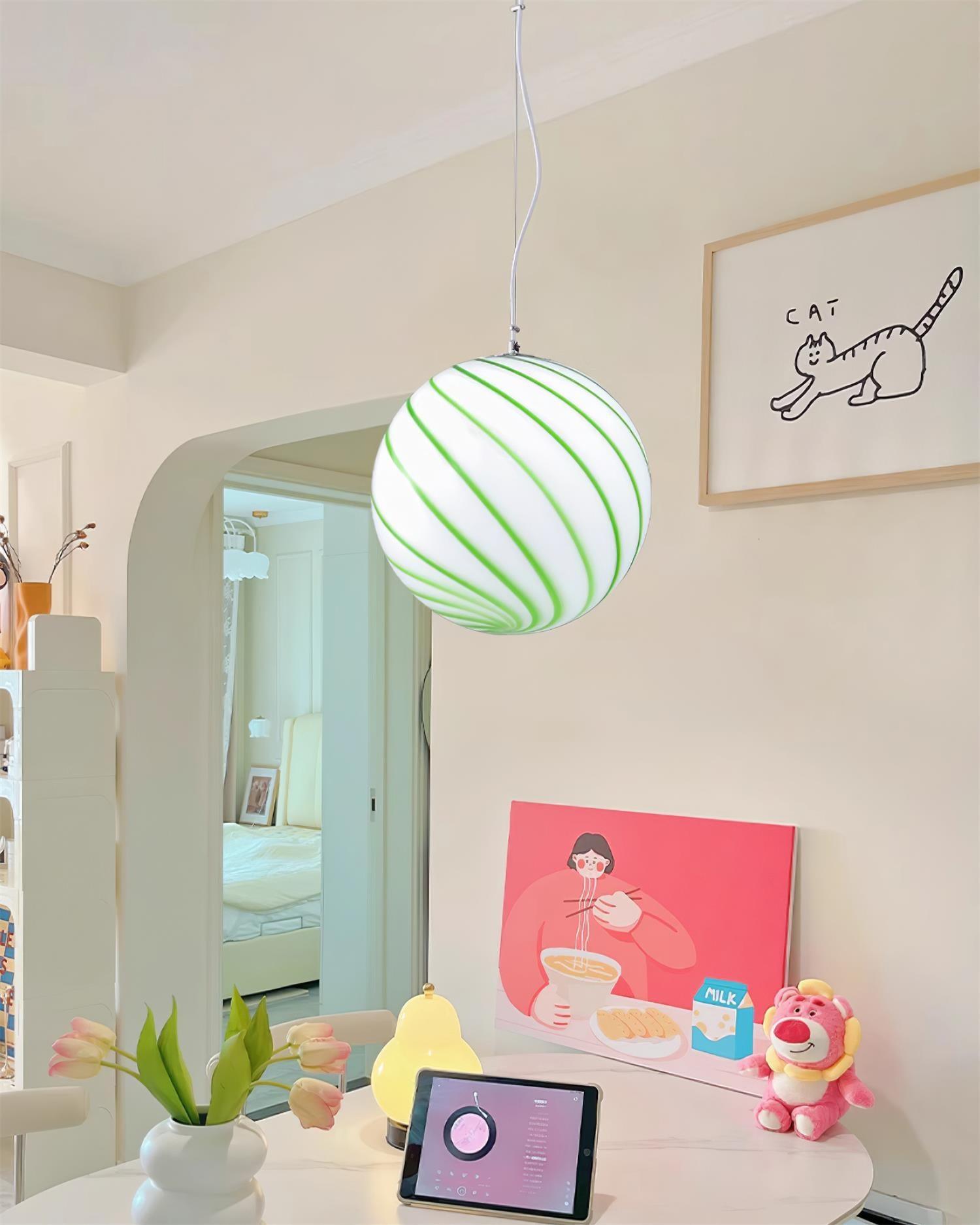 Pendant Lamp Glass Globe Light with Green Swirl Stripes - Letslighting