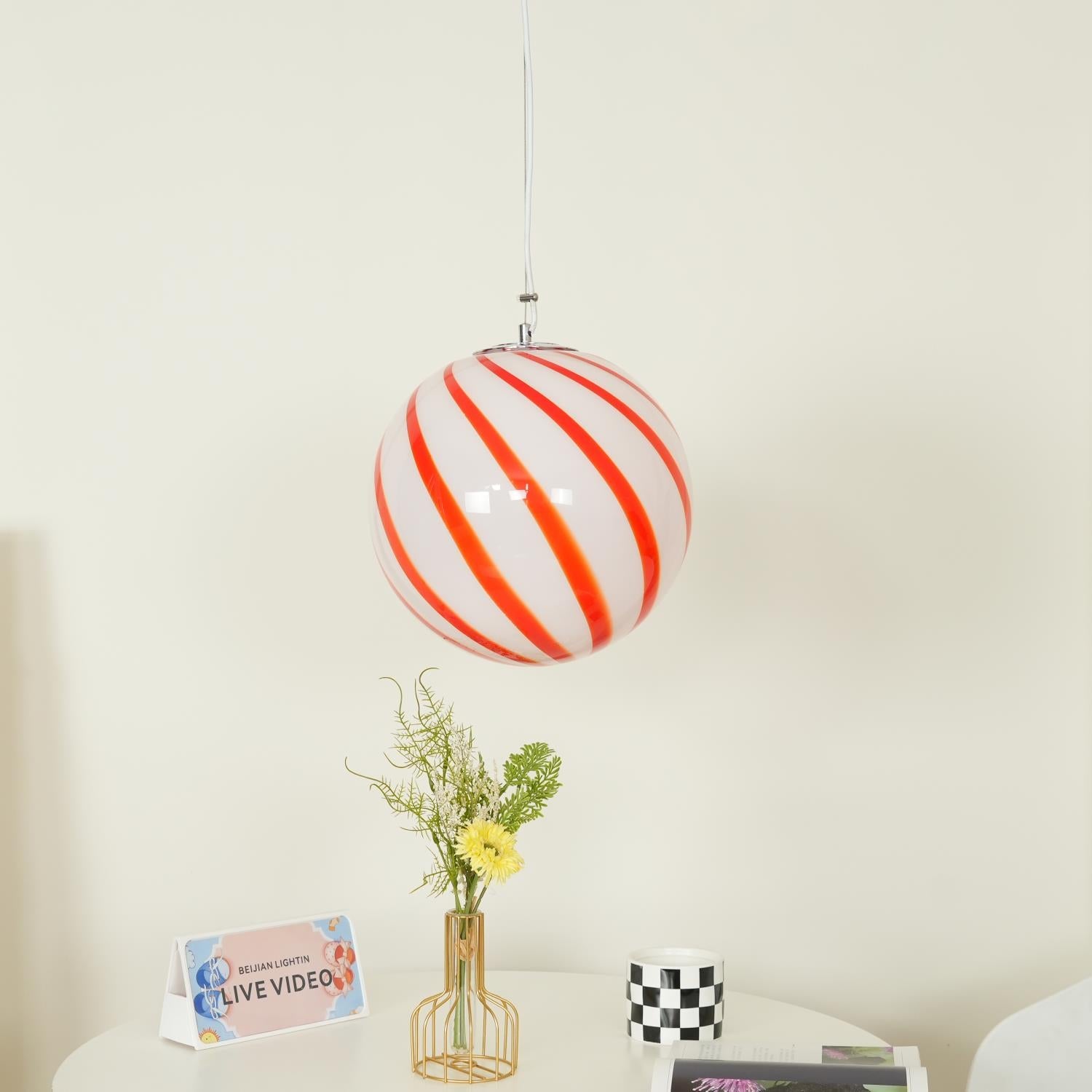 Pendant Lamp Glass Globe Light with Green Swirl Stripes - Letslighting