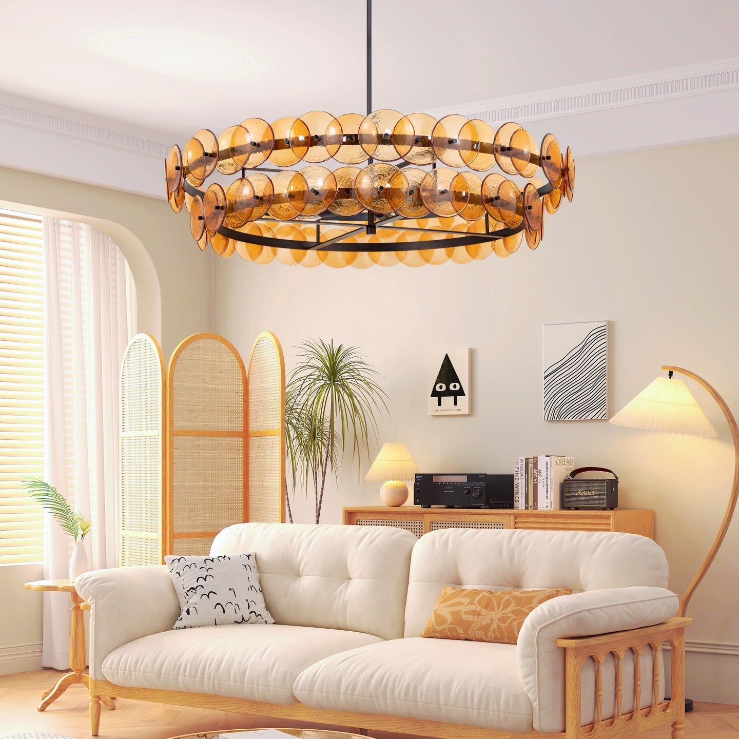 Aurora Chandelier Amber Pressed Glass Disc Round