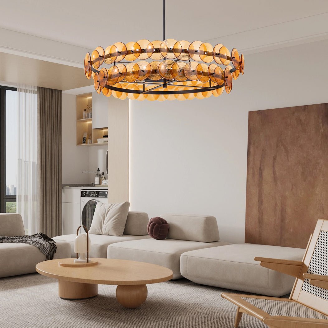 Aurora Chandelier Amber Pressed Glass Disc Round
