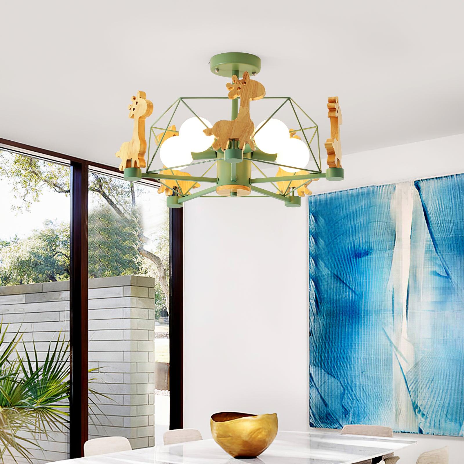 Lustra Chandelier Lovely Deer Wooden Green & Pink - Letslighting
