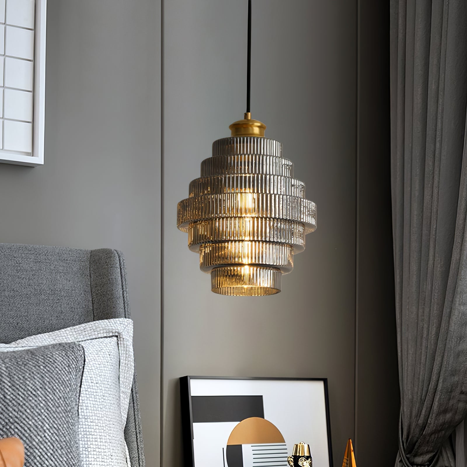 Brivelle Plug-In Ribbed Glass Pendant Light with Brass Accent - Letslighting