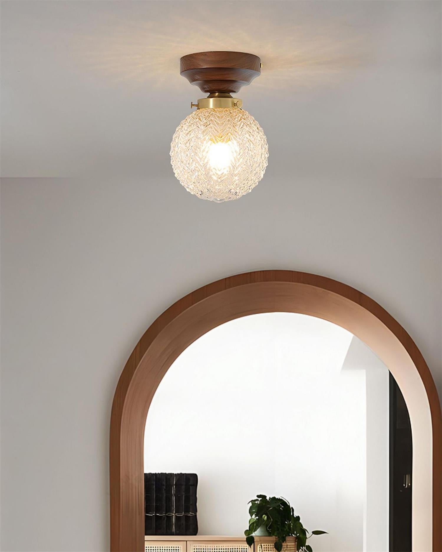 Ceiling Light Globe Shade Clear Glass Walnut Wood Canopy Brass - Letslighting