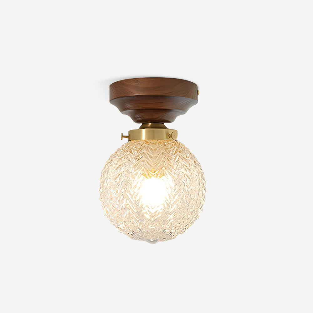 Ceiling Light Globe Shade Clear Glass Walnut Wood Canopy Brass - Letslighting