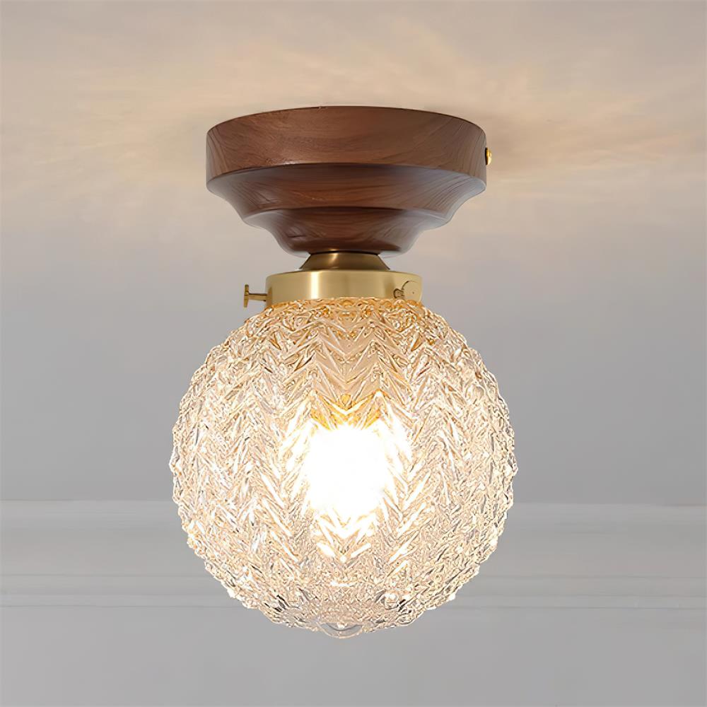 Ceiling Light Globe Shade Clear Glass Walnut Wood Canopy Brass - Letslighting