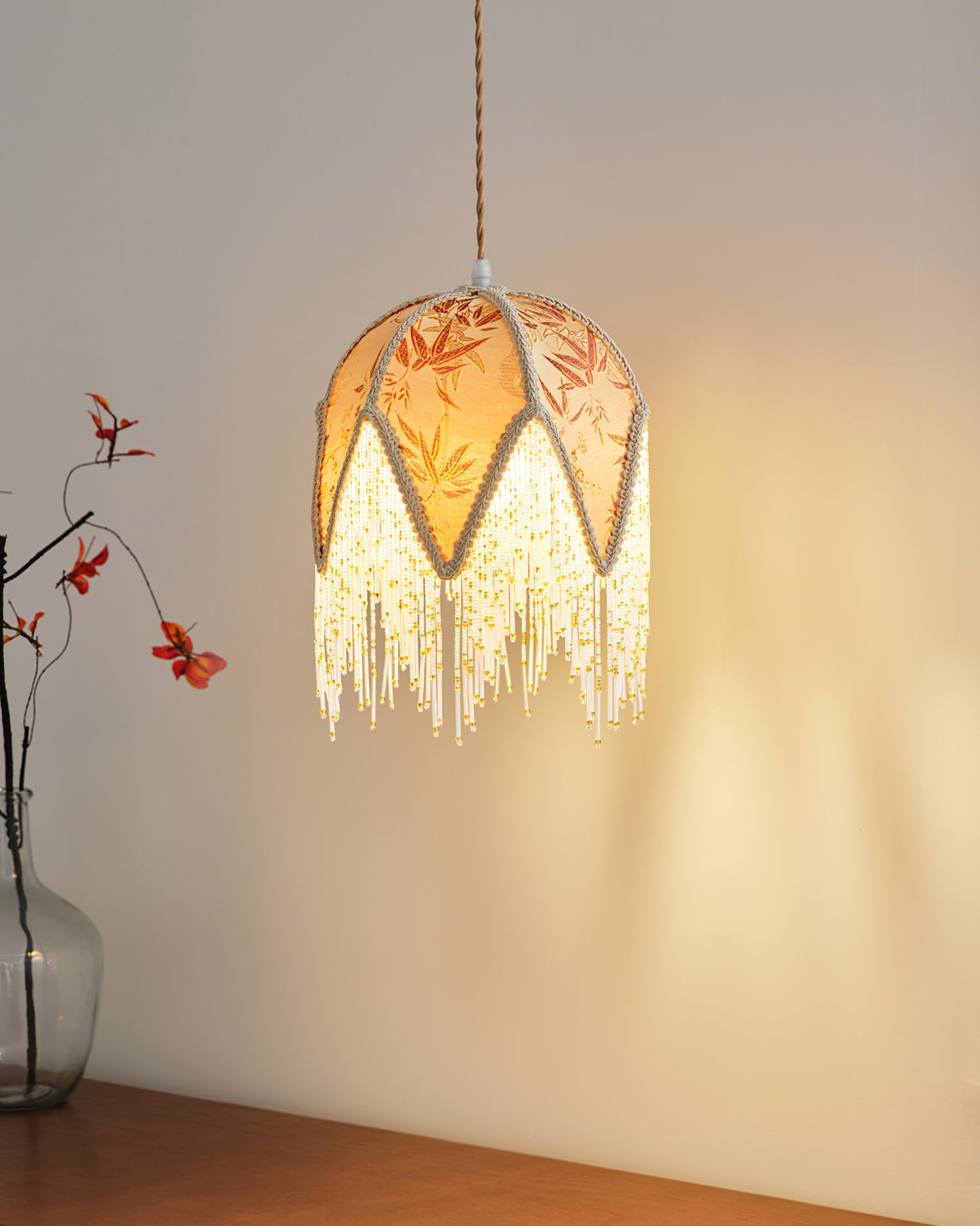 Magnolia Pendant Lamp Tassel Fabric Floral Bamboo Fringe - Letslighting
