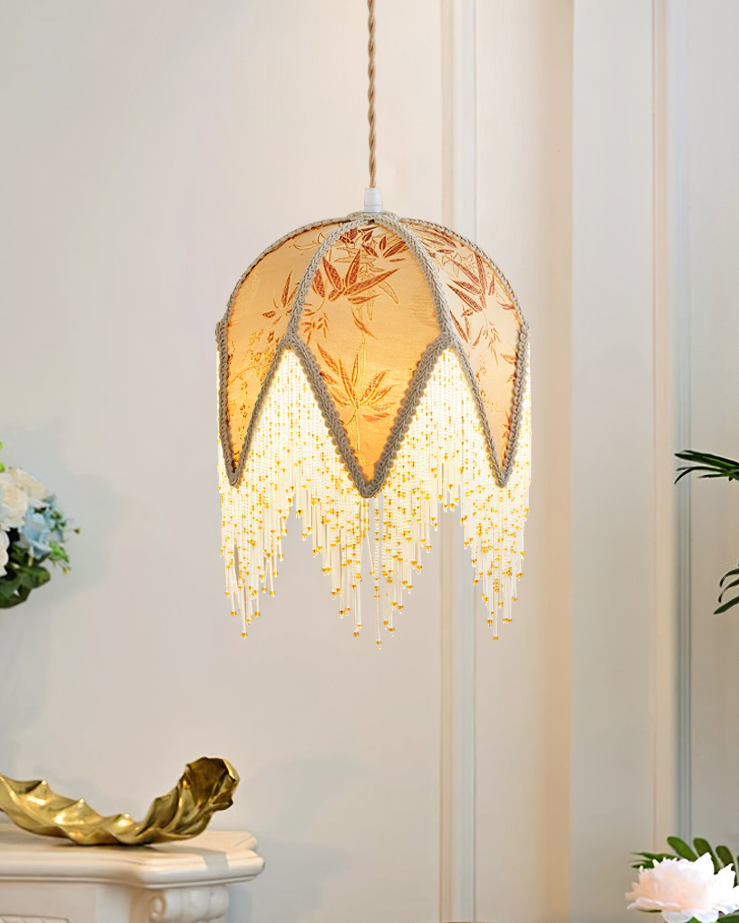 Magnolia Pendant Lamp Tassel Fabric Floral Bamboo Fringe - Letslighting