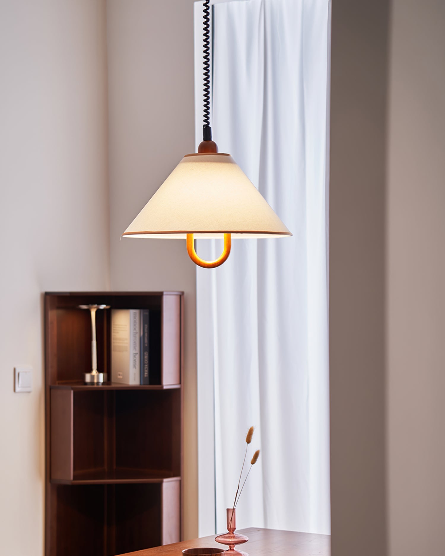 Makoto Pendant Lamp Fabric Cone Wooden Adjustable - Letslighting