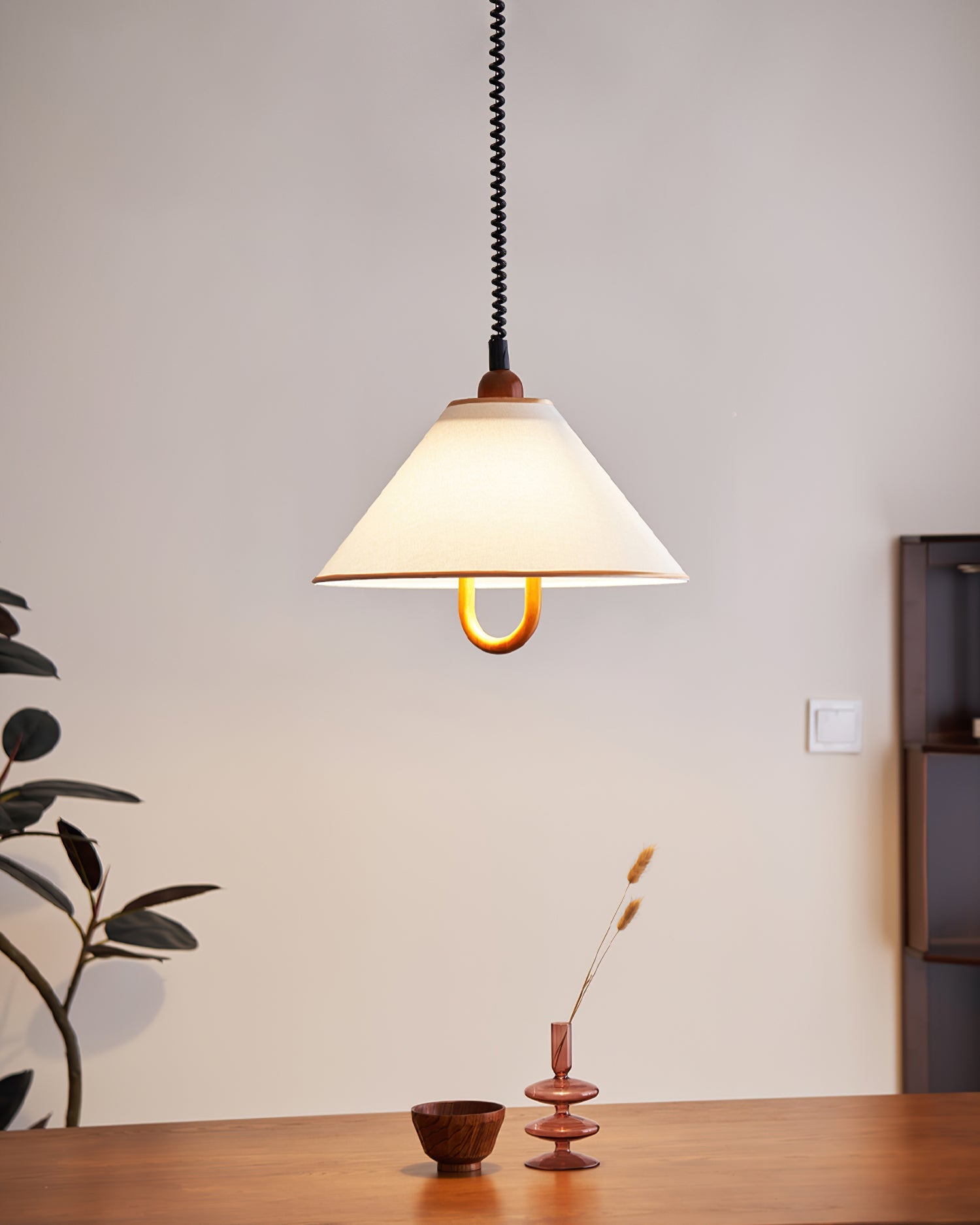 Makoto Pendant Lamp Fabric Cone Wooden Adjustable - Letslighting