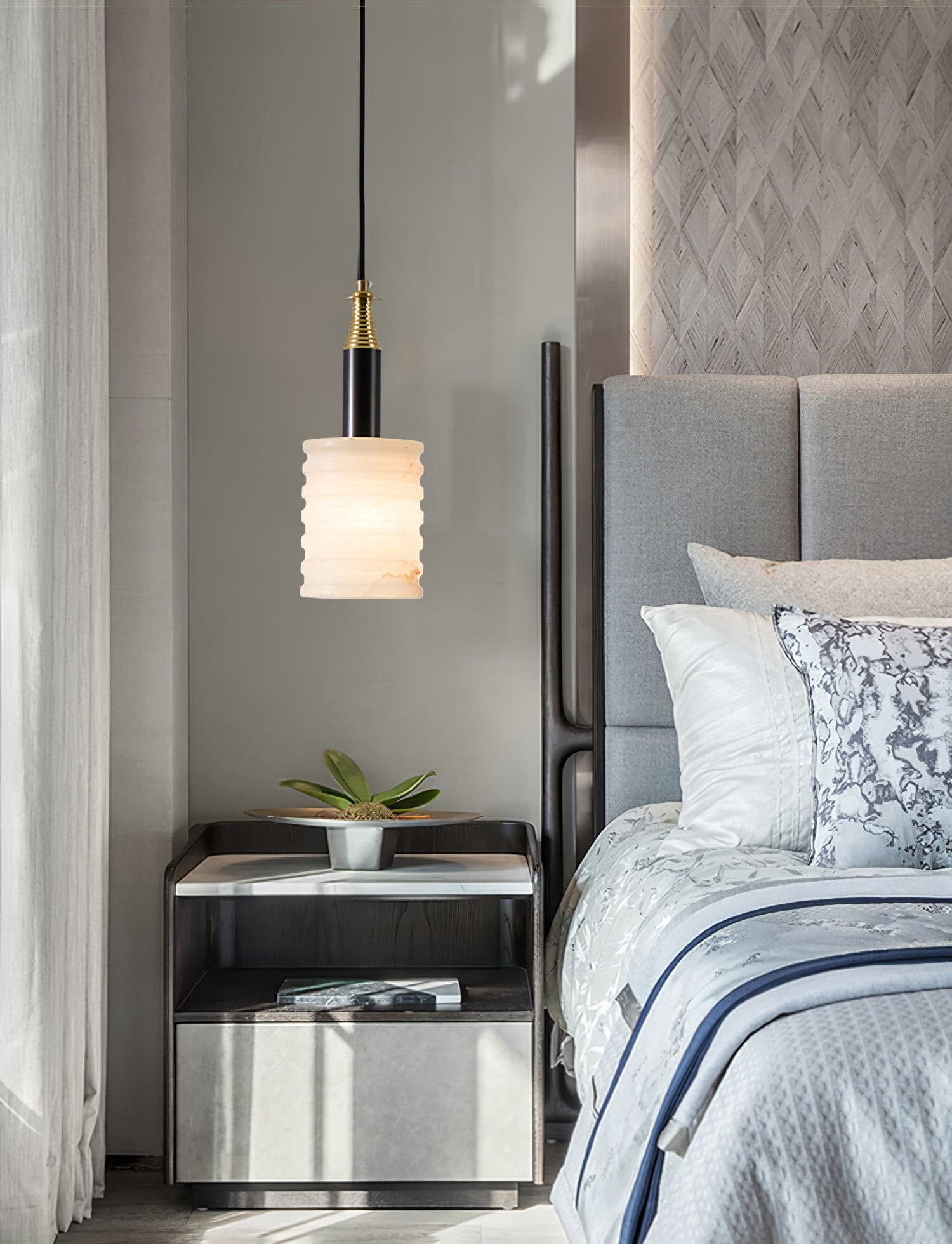 Alabaster Pendant Lamp Ribbed Cylinder - Letslighting