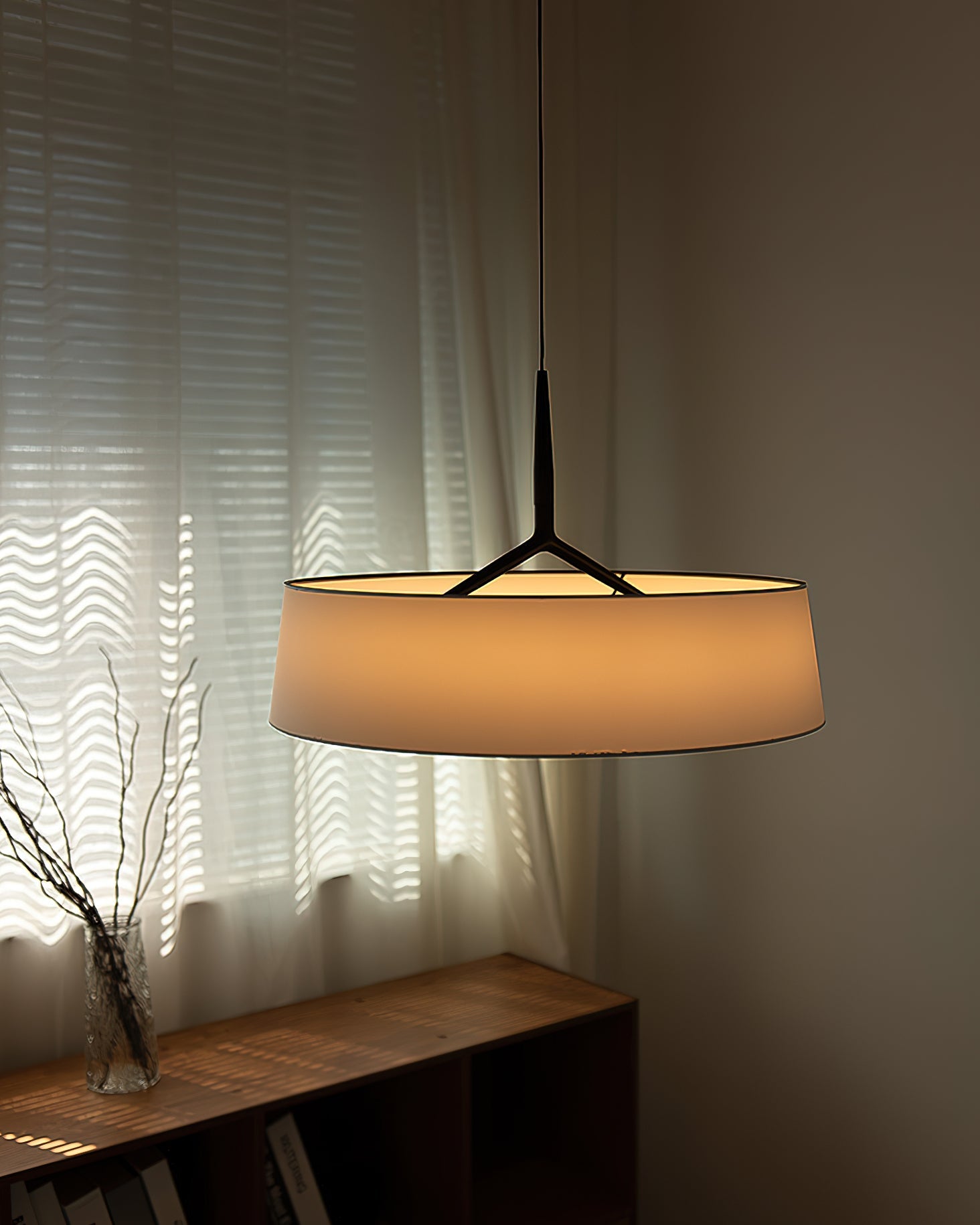 Pendant Lamp White Fabric Drum Black Stem Sleek Modern - Letslighting