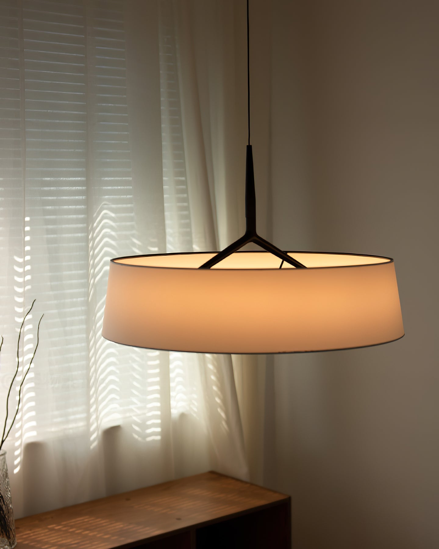 Pendant Lamp White Fabric Drum Black Stem Sleek Modern - Letslighting