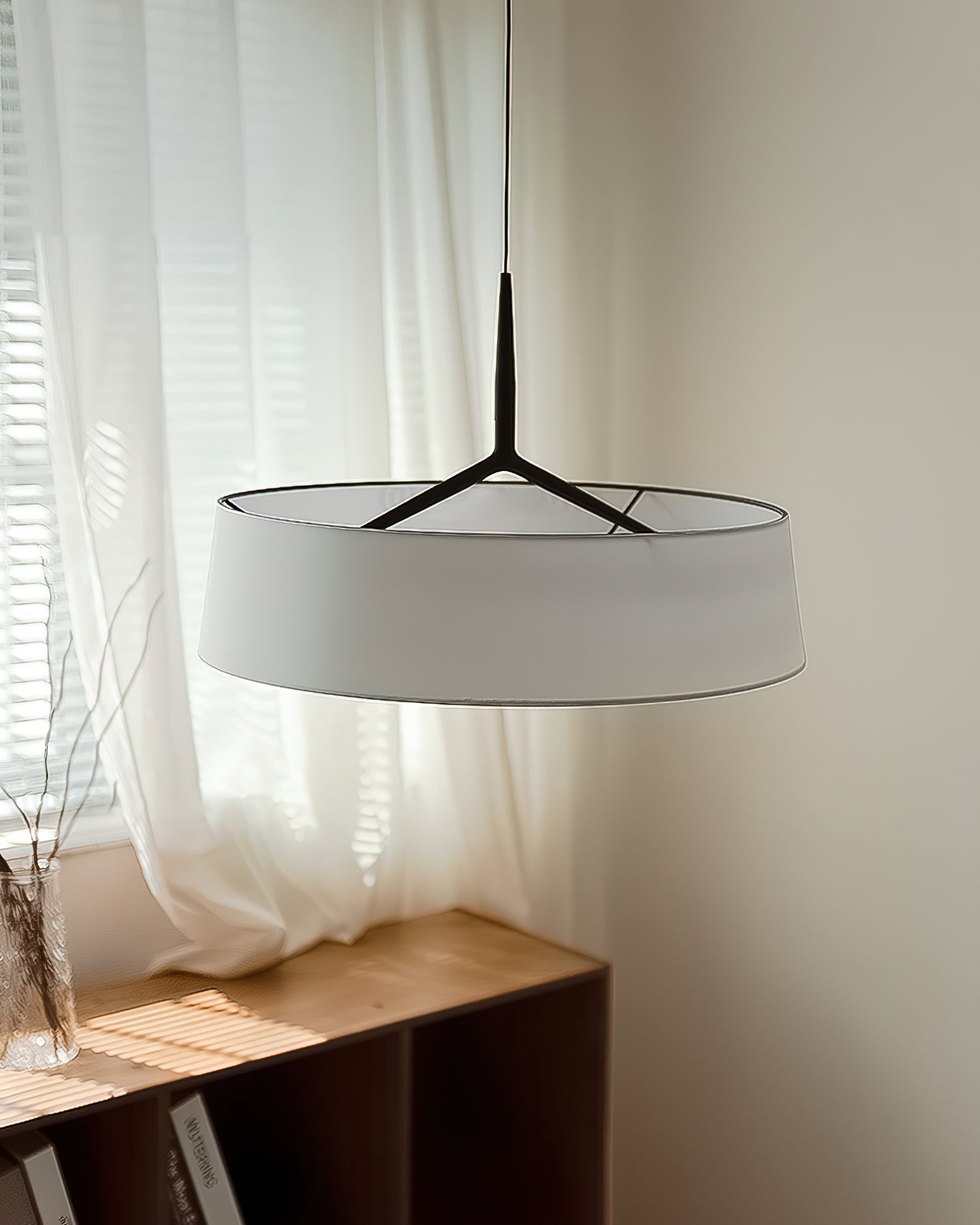 Pendant Lamp White Fabric Drum Black Stem Sleek Modern - Letslighting