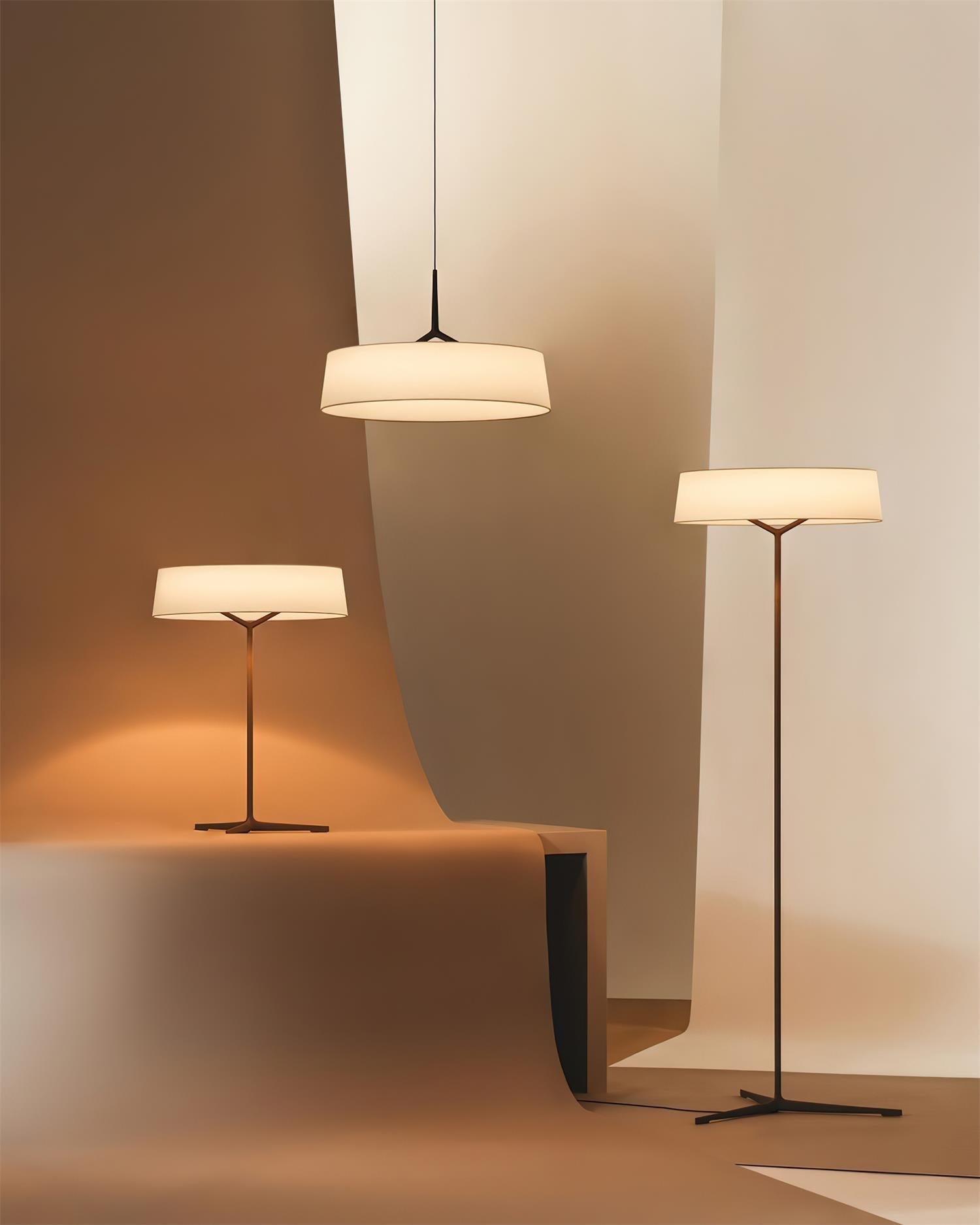 Pendant Lamp White Fabric Drum Black Stem Sleek Modern - Letslighting