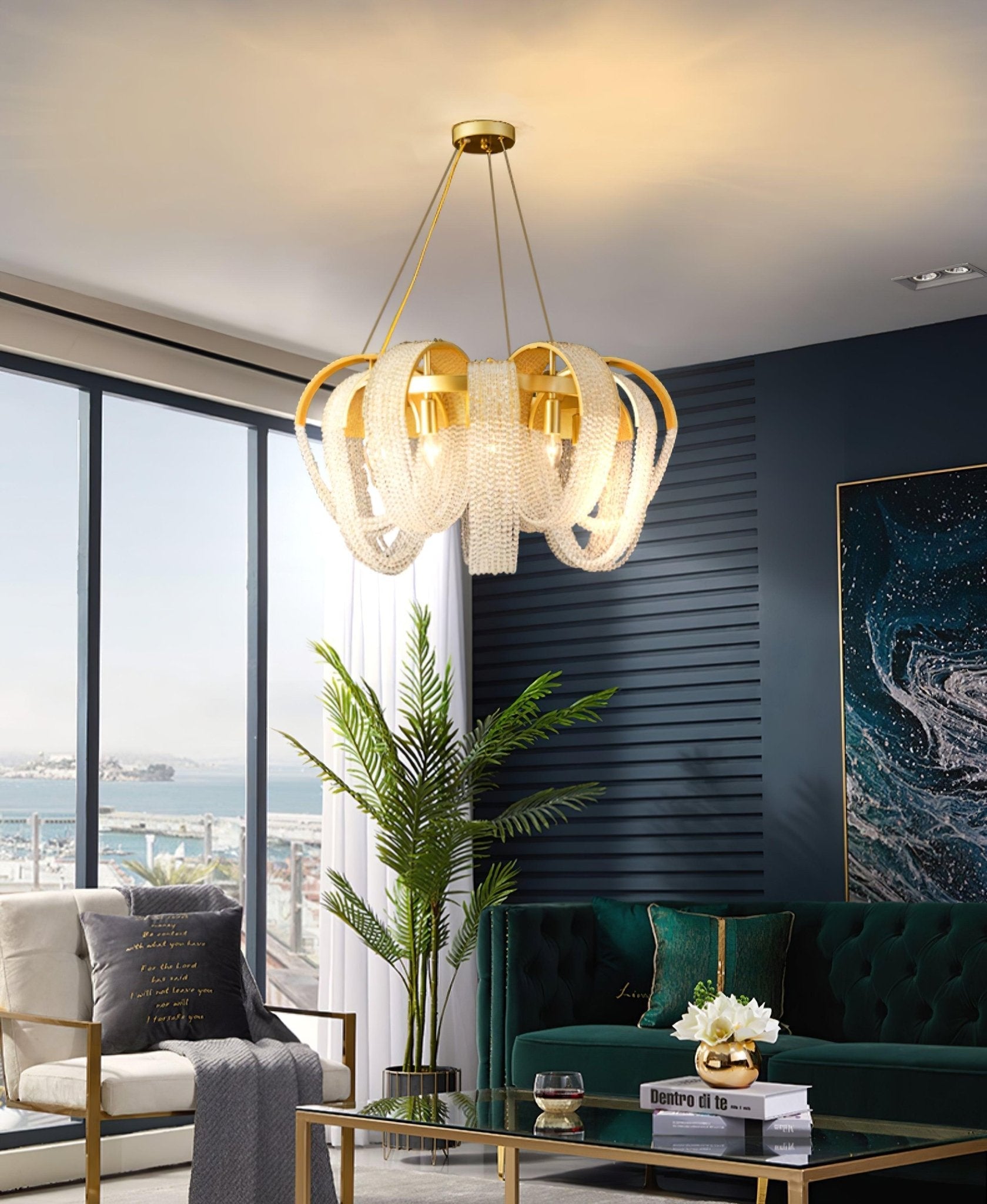 Lustra Chandelier Mesh Crystal Gold Waterfall Sparkle - Letslighting