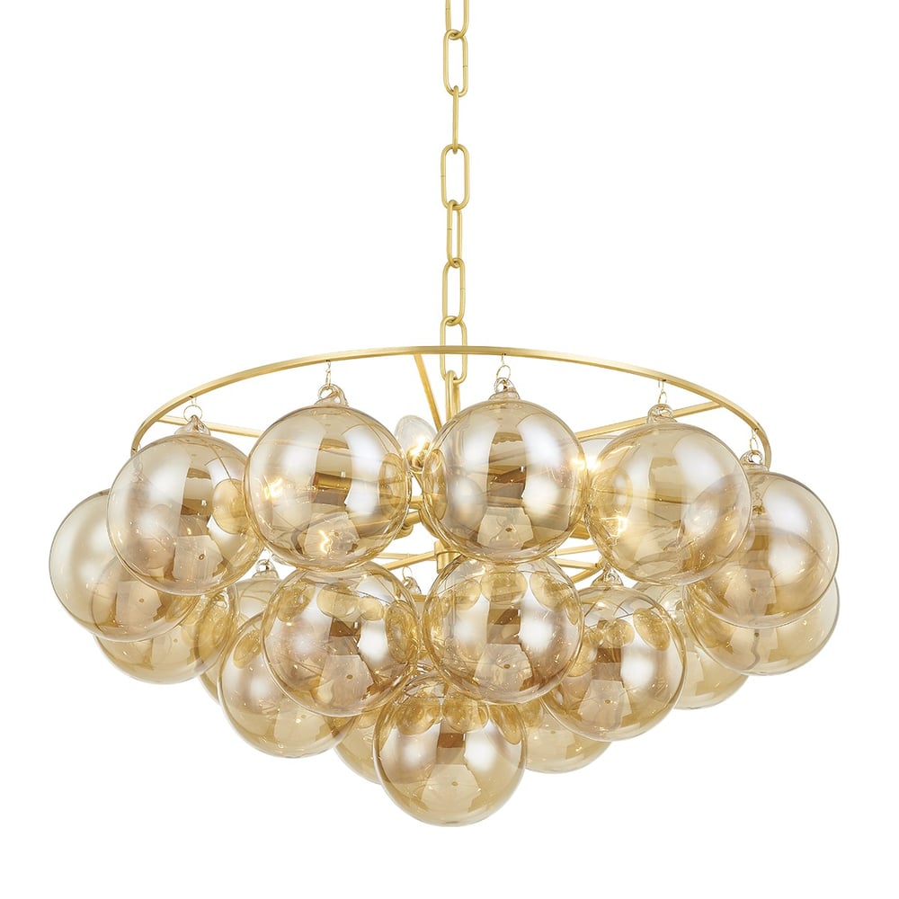 Aurora Chandelier Clear Glass Globe Aged Brass Elegant