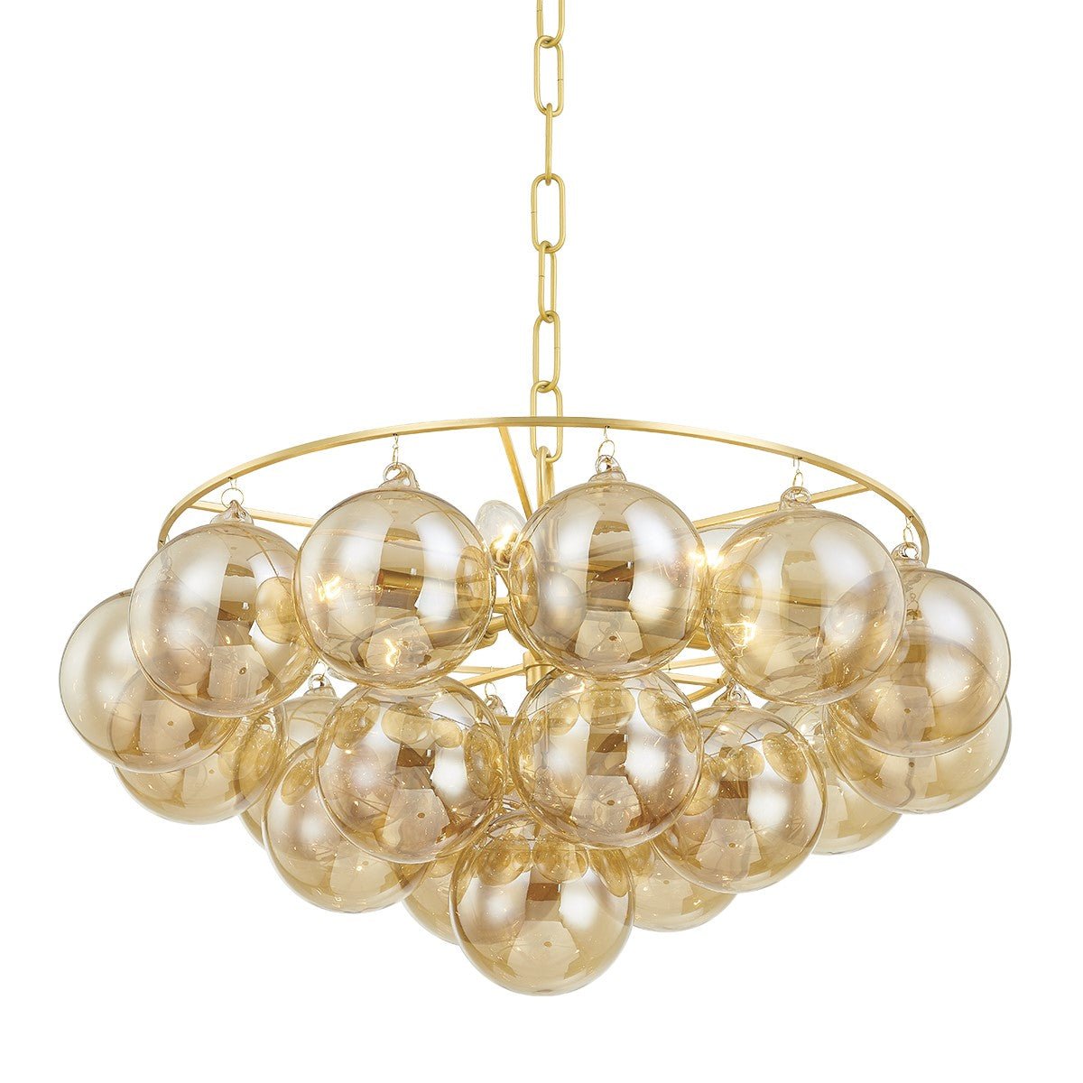 Aurora Chandelier Clear Glass Globe Aged Brass Elegant