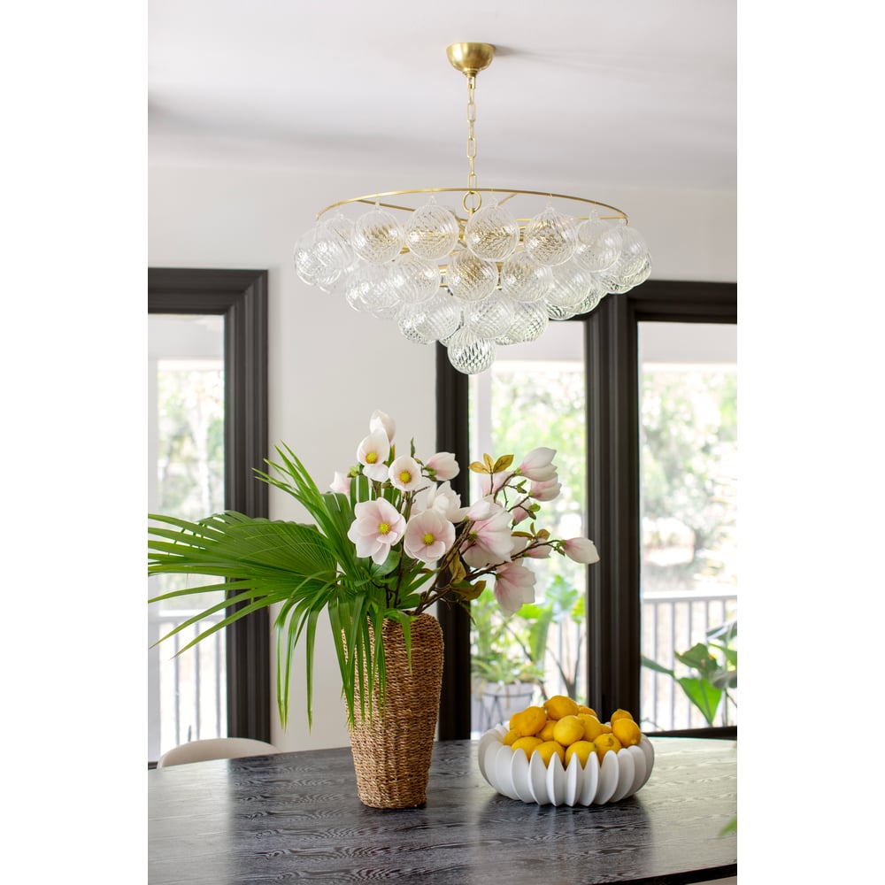 Aurora Chandelier Clear Glass Globe Aged Brass Elegant