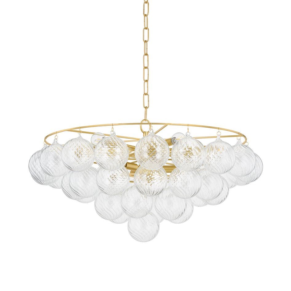 Aurora Chandelier Clear Glass Globe Aged Brass Elegant