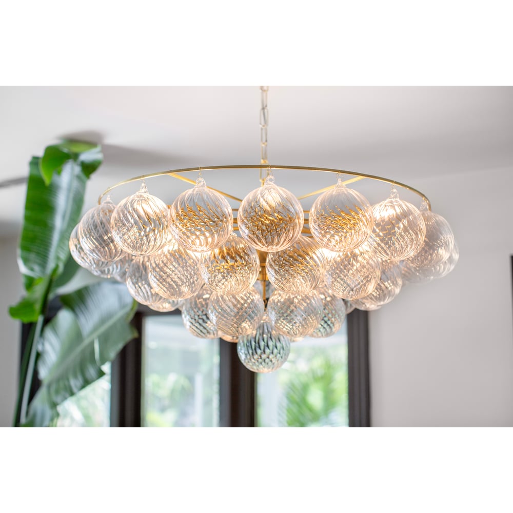 Aurora Chandelier Clear Glass Globe Aged Brass Elegant
