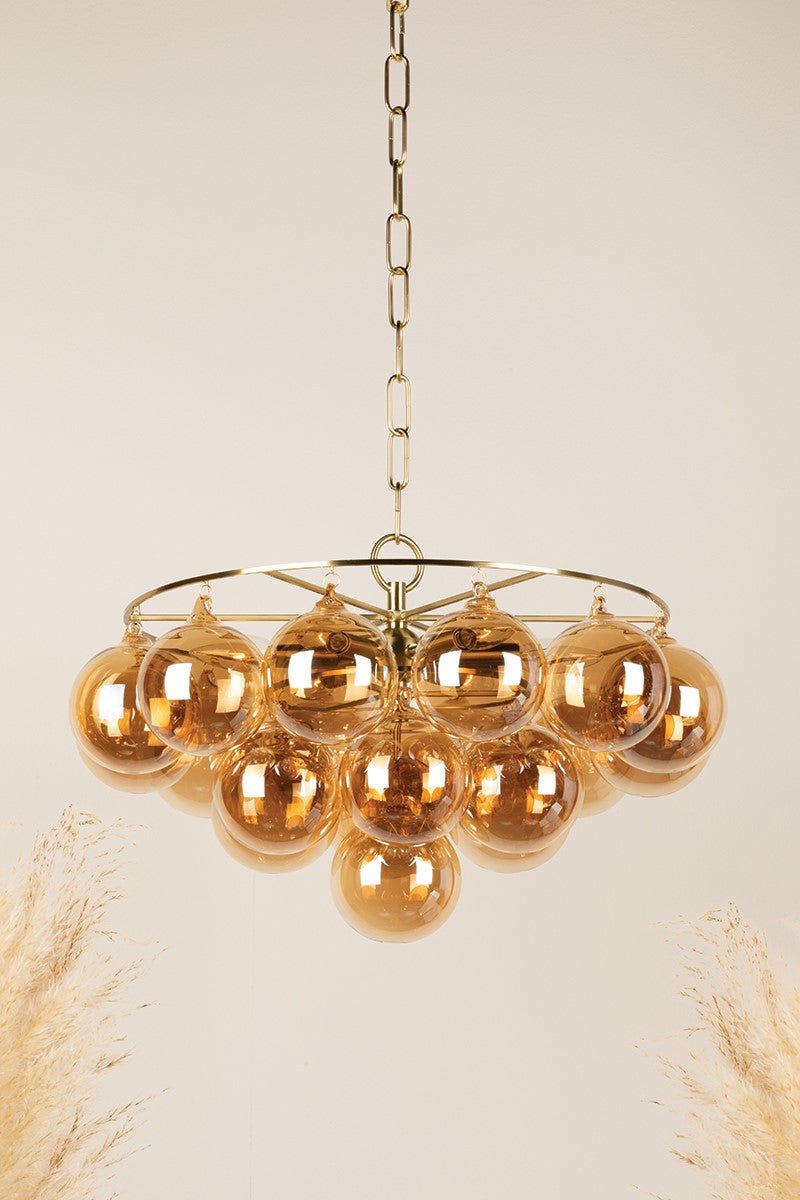 Aurora Chandelier Clear Glass Globe Aged Brass Elegant