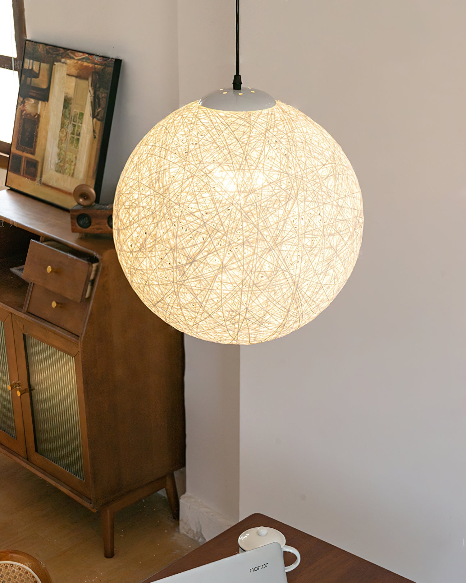 Pendant Lamp Hemp Rattan Sphere Handcrafted Artisanal Bohemian