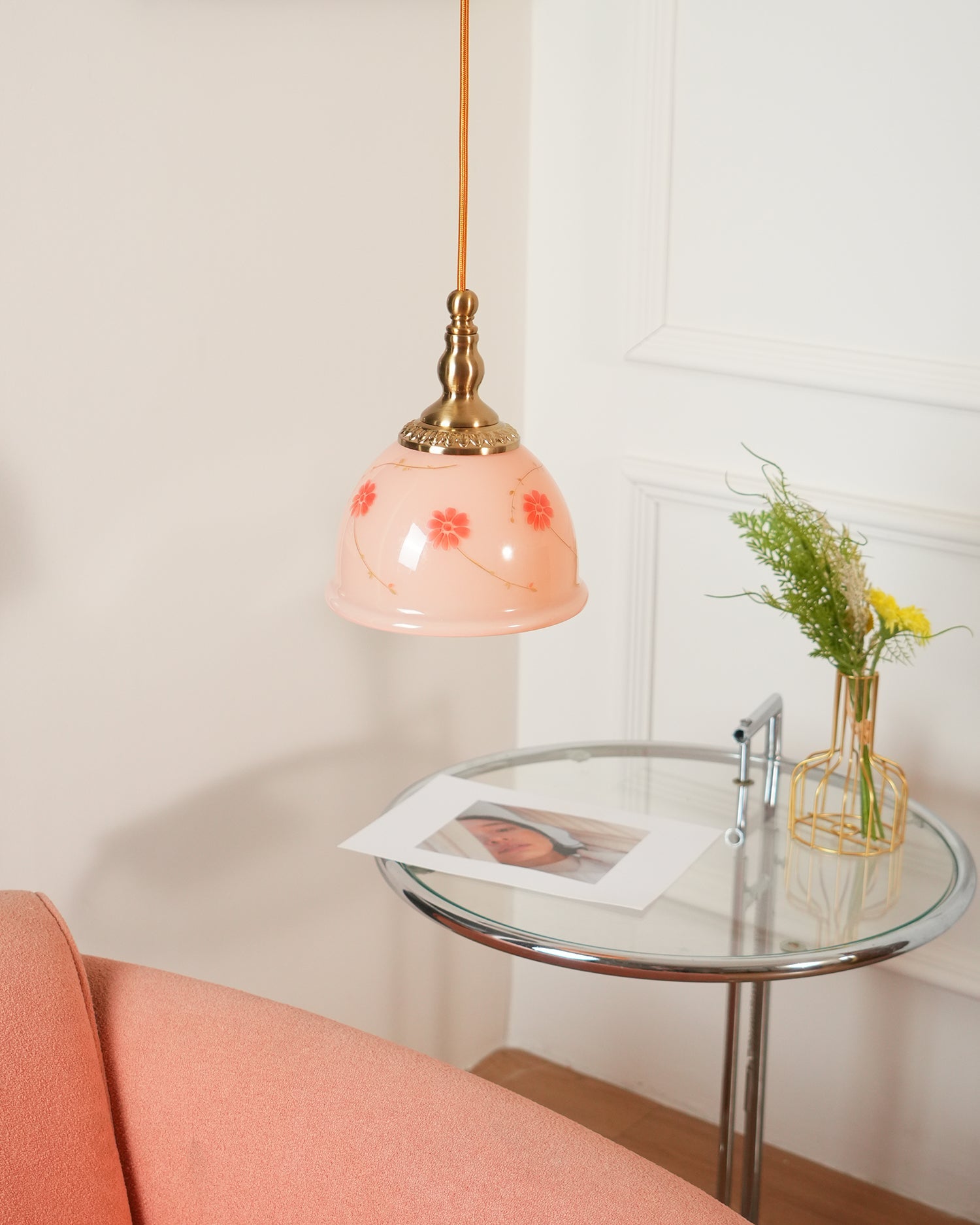 Pendant Lamp Brass and Glass Floral Pattern Dome Shade Vintage - Letslighting