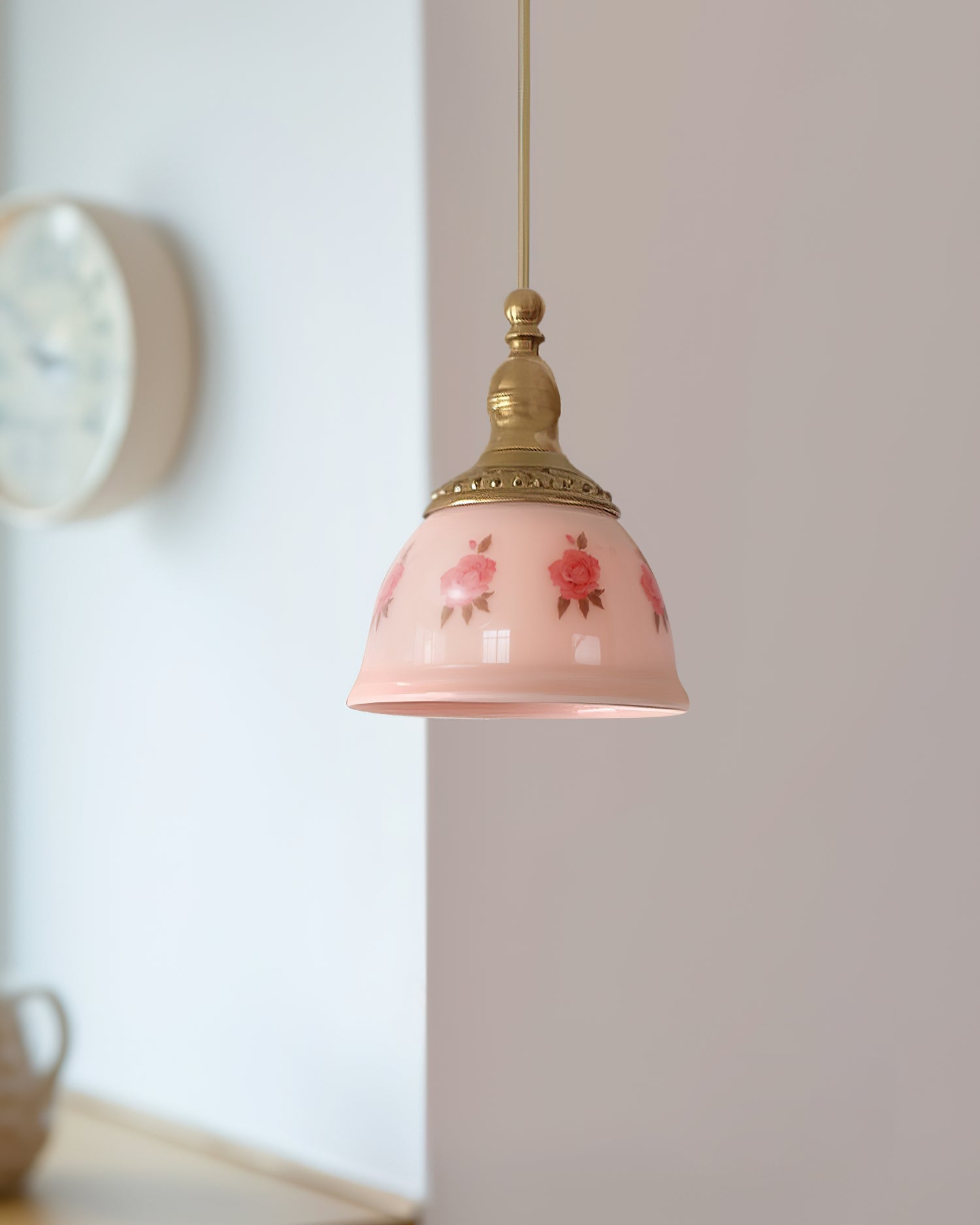 Pendant Lamp Brass and Glass Floral Pattern Dome Shade Vintage - Letslighting
