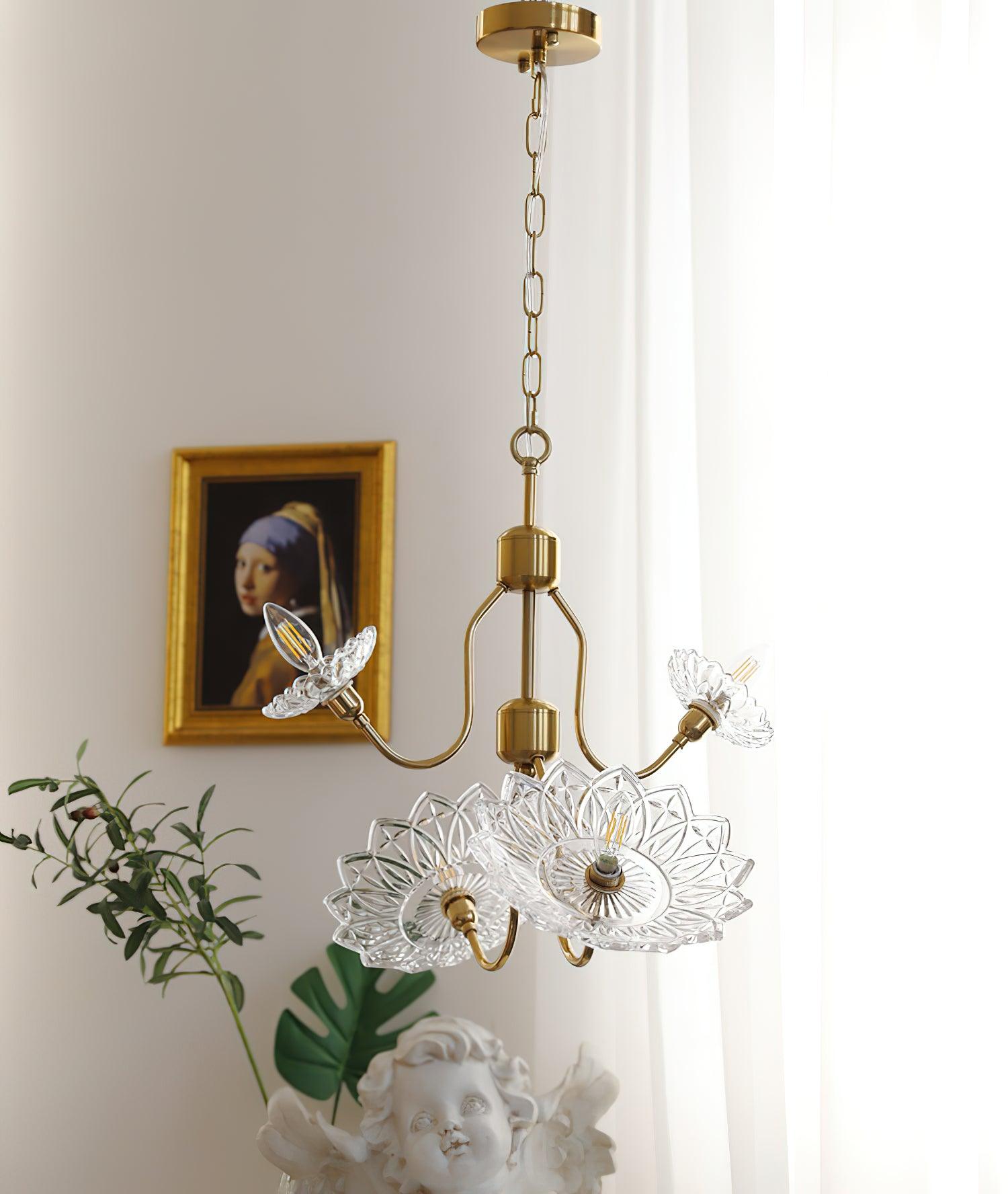 Lustra Chandelier Brass Glass Floral Vintage - Letslighting