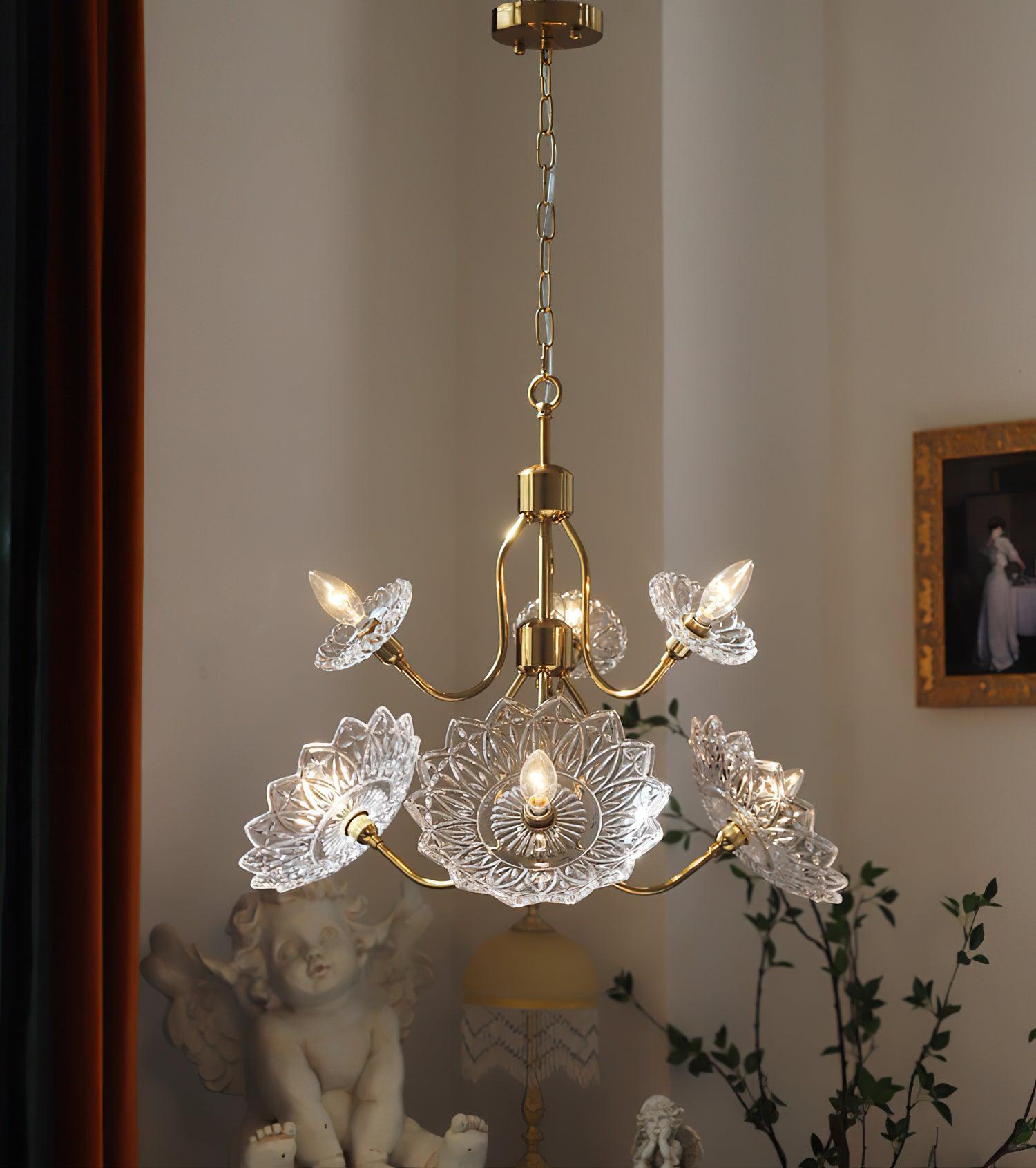 Lustra Chandelier Brass Glass Floral Vintage - Letslighting