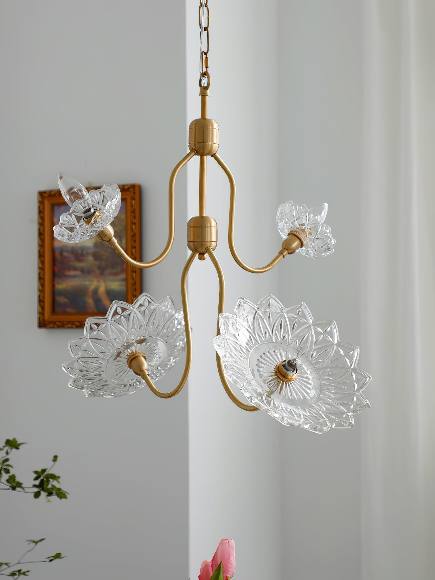 Lustra Chandelier Brass Glass Floral Vintage - Letslighting