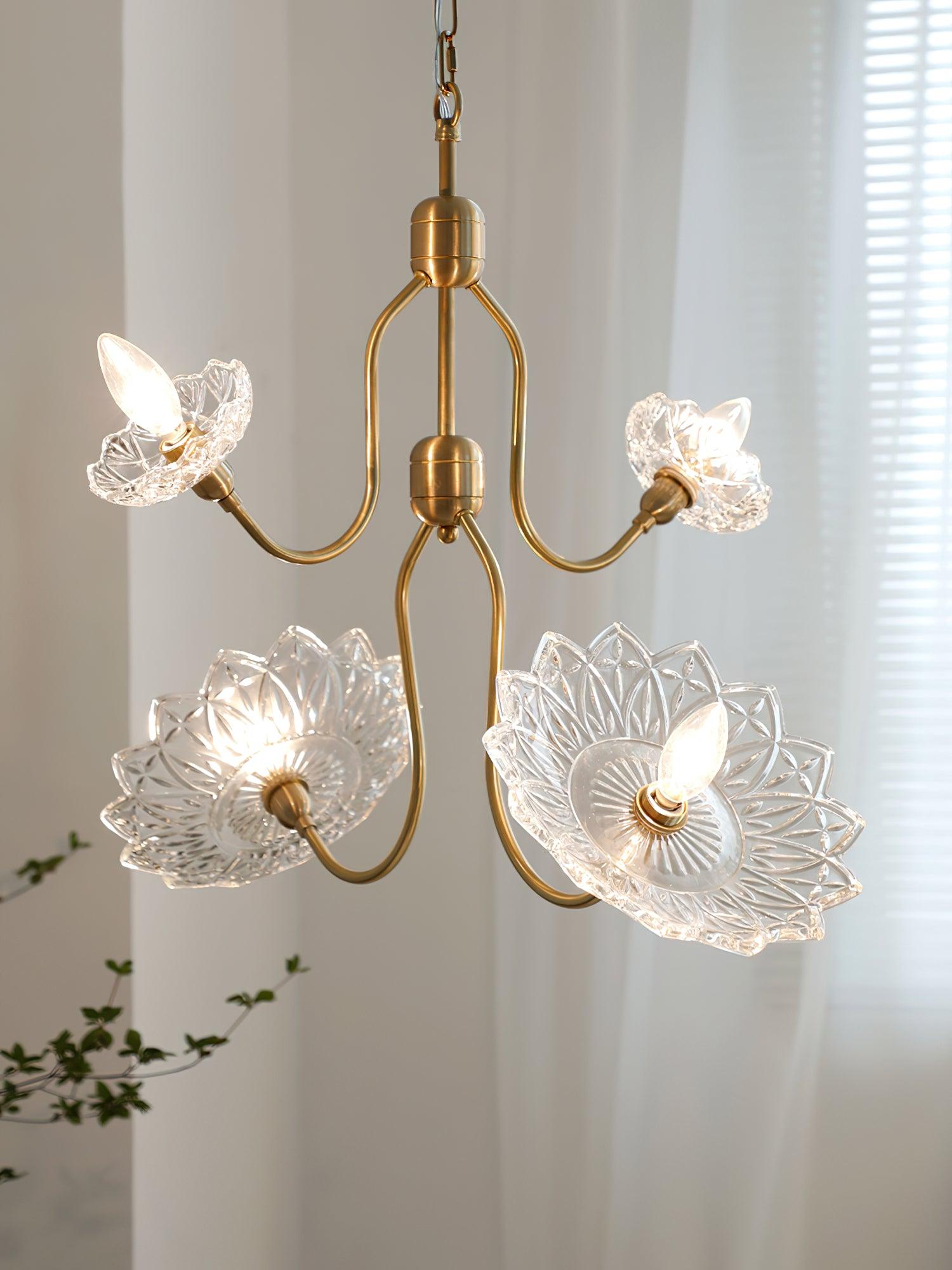 Lustra Chandelier Brass Glass Floral Vintage - Letslighting