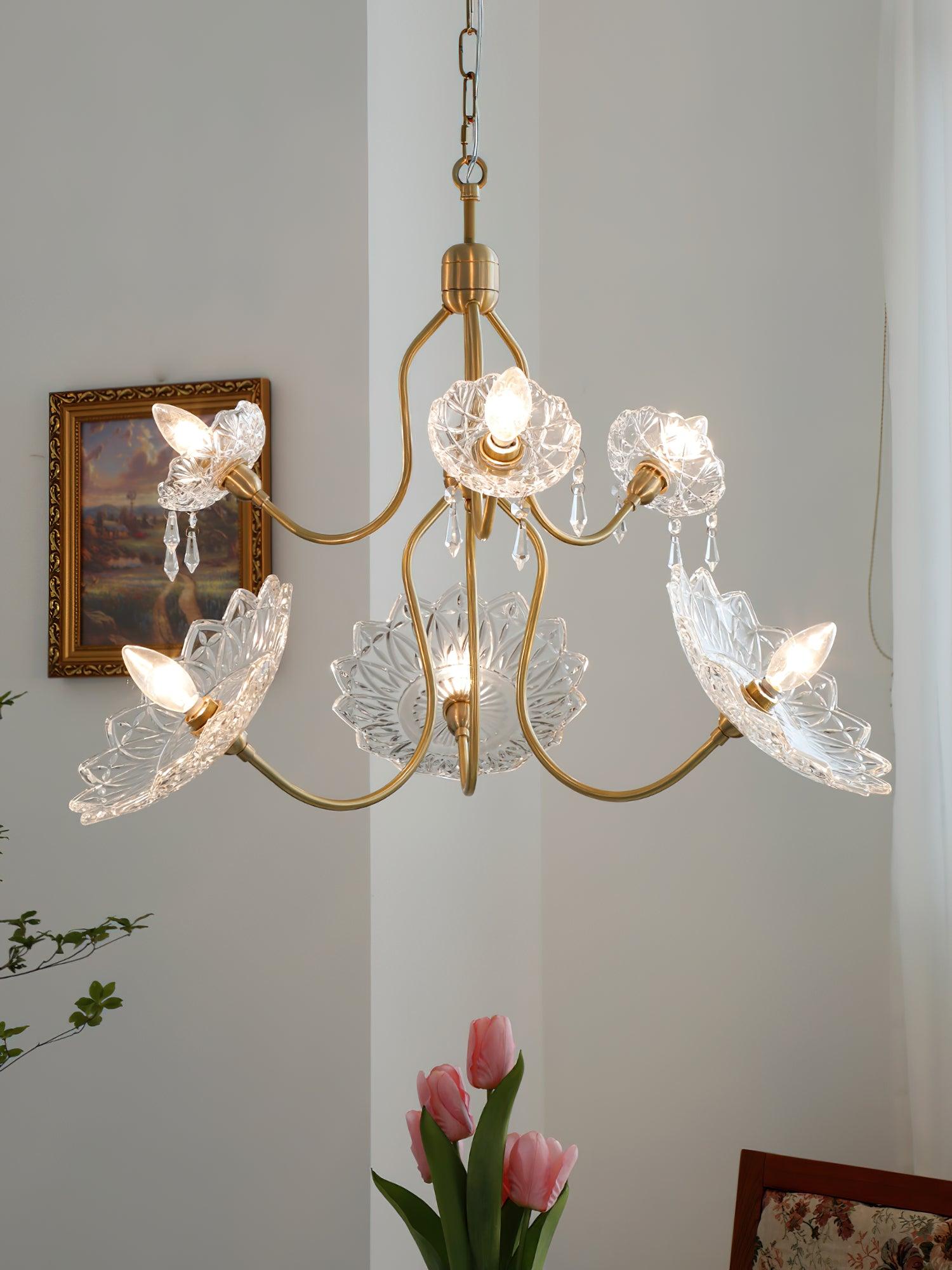 Lustra Chandelier Brass Glass Floral Vintage - Letslighting