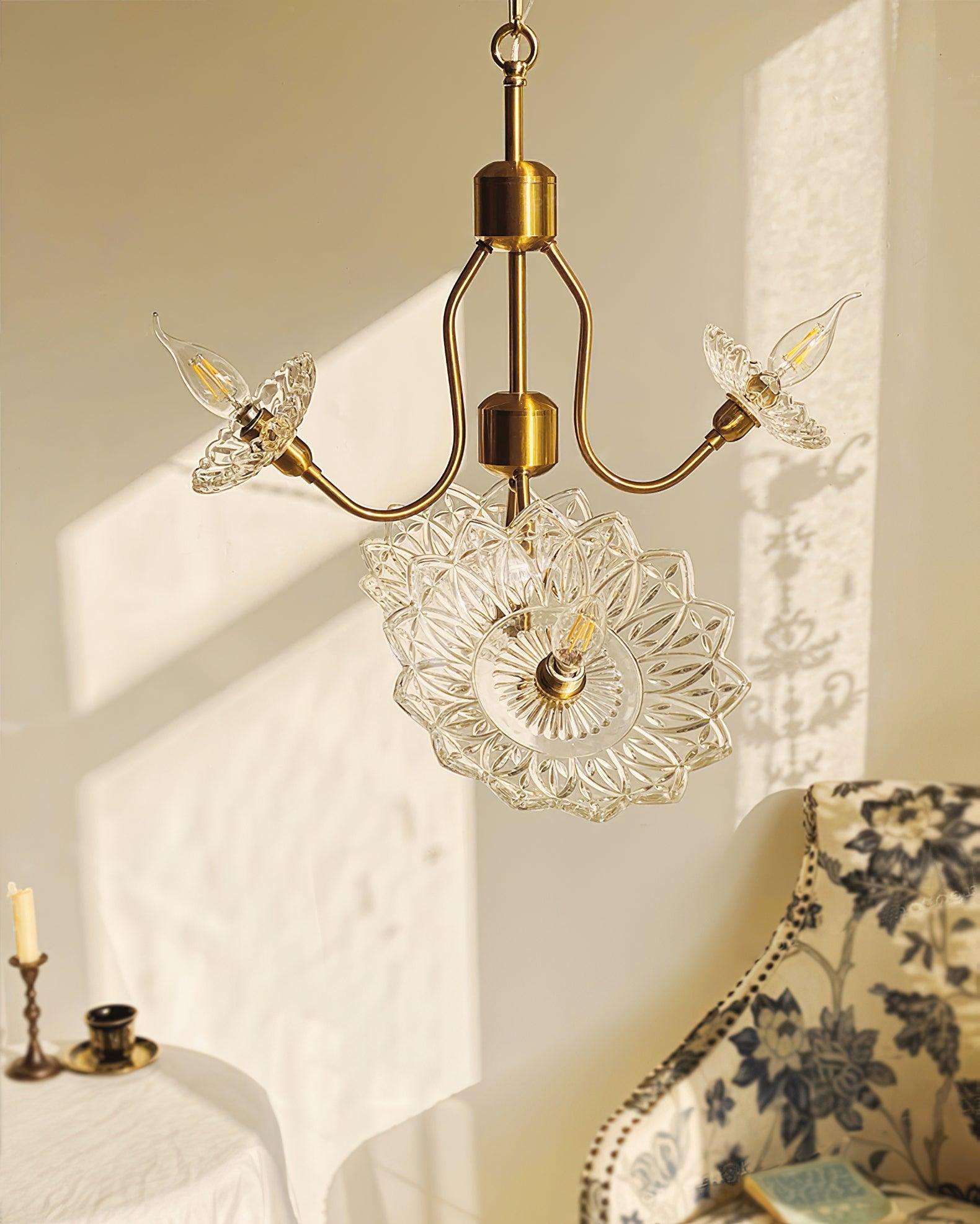 Lustra Chandelier Brass Glass Floral Vintage - Letslighting
