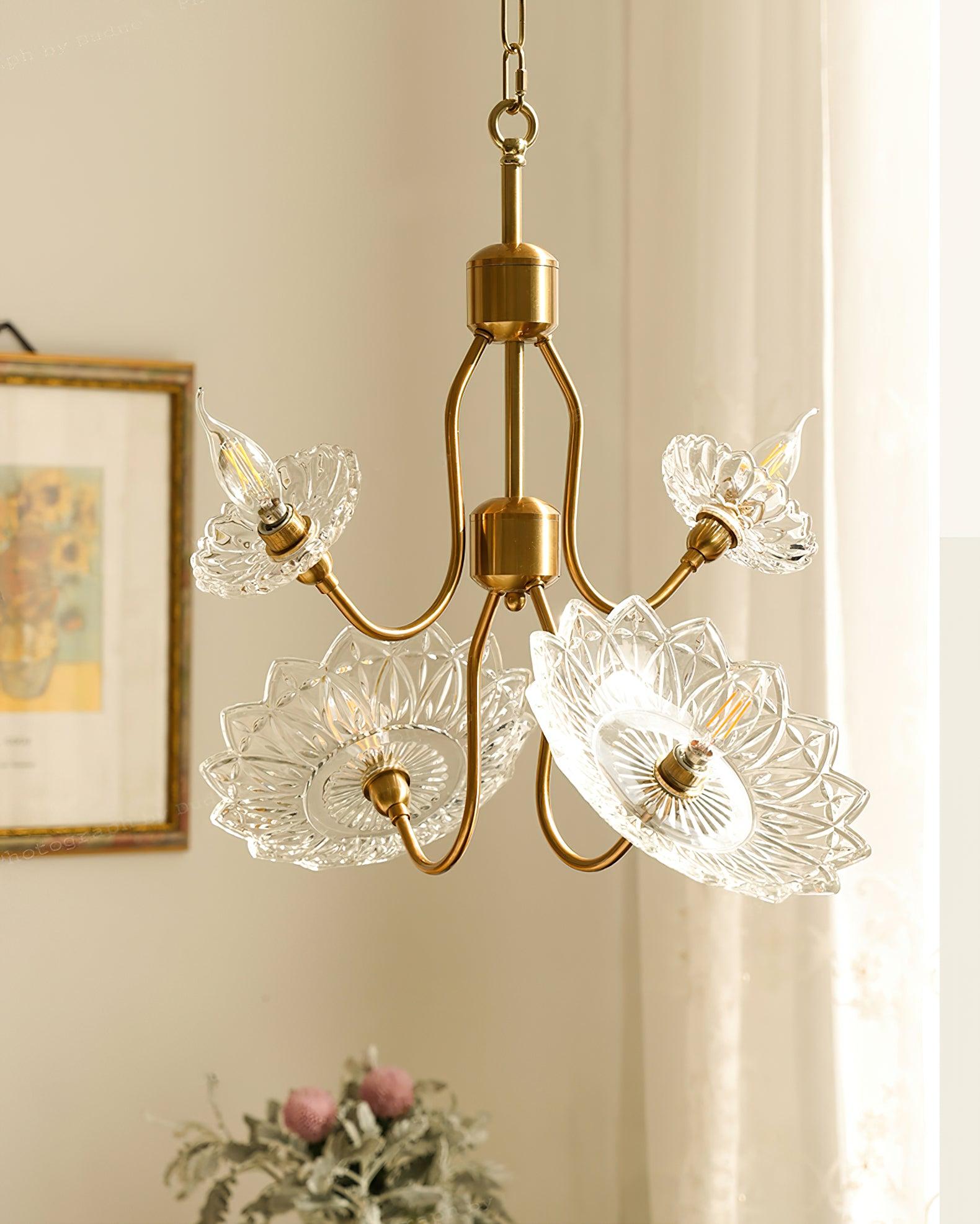 Lustra Chandelier Brass Glass Floral Vintage - Letslighting
