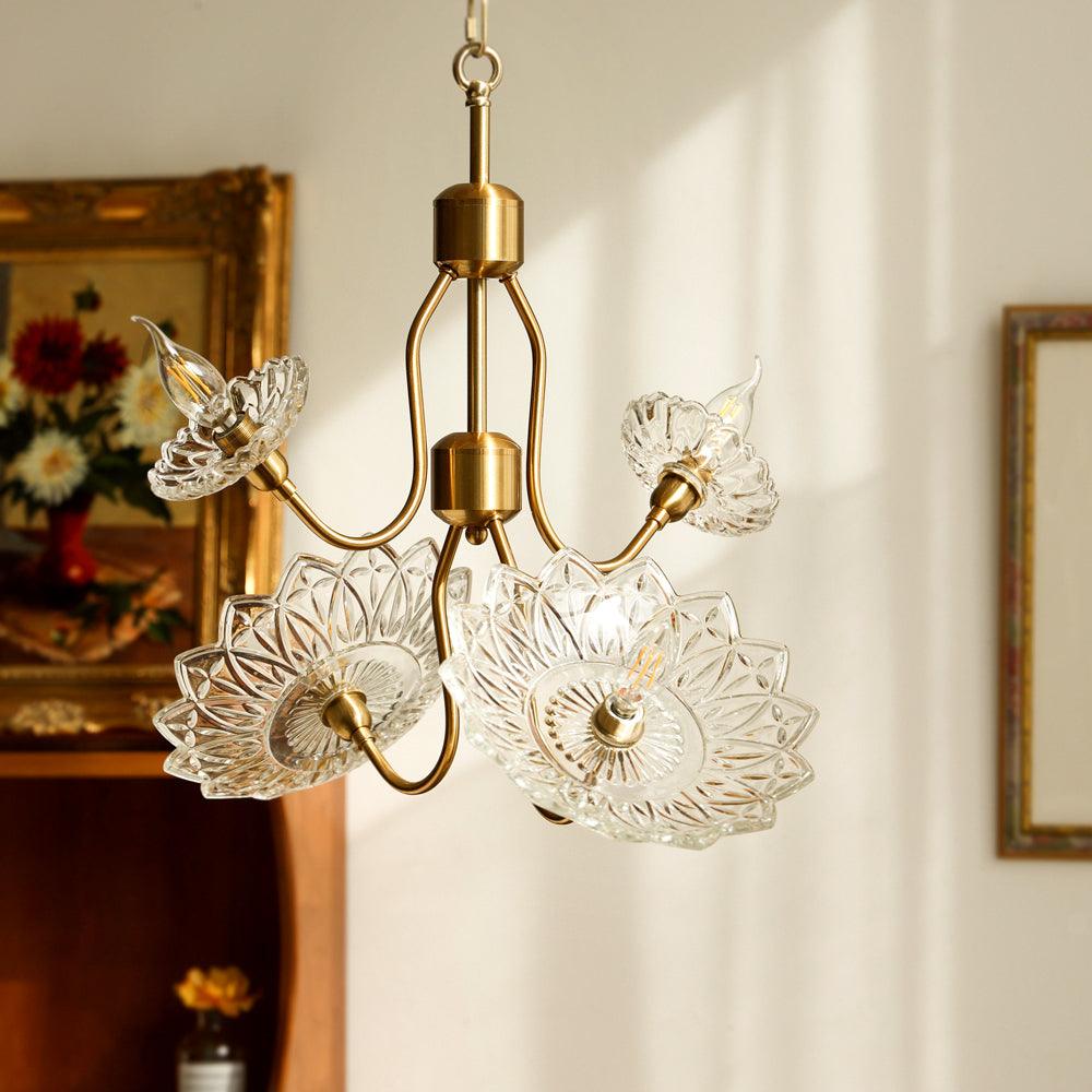 Lustra Chandelier Brass Glass Floral Vintage - Letslighting