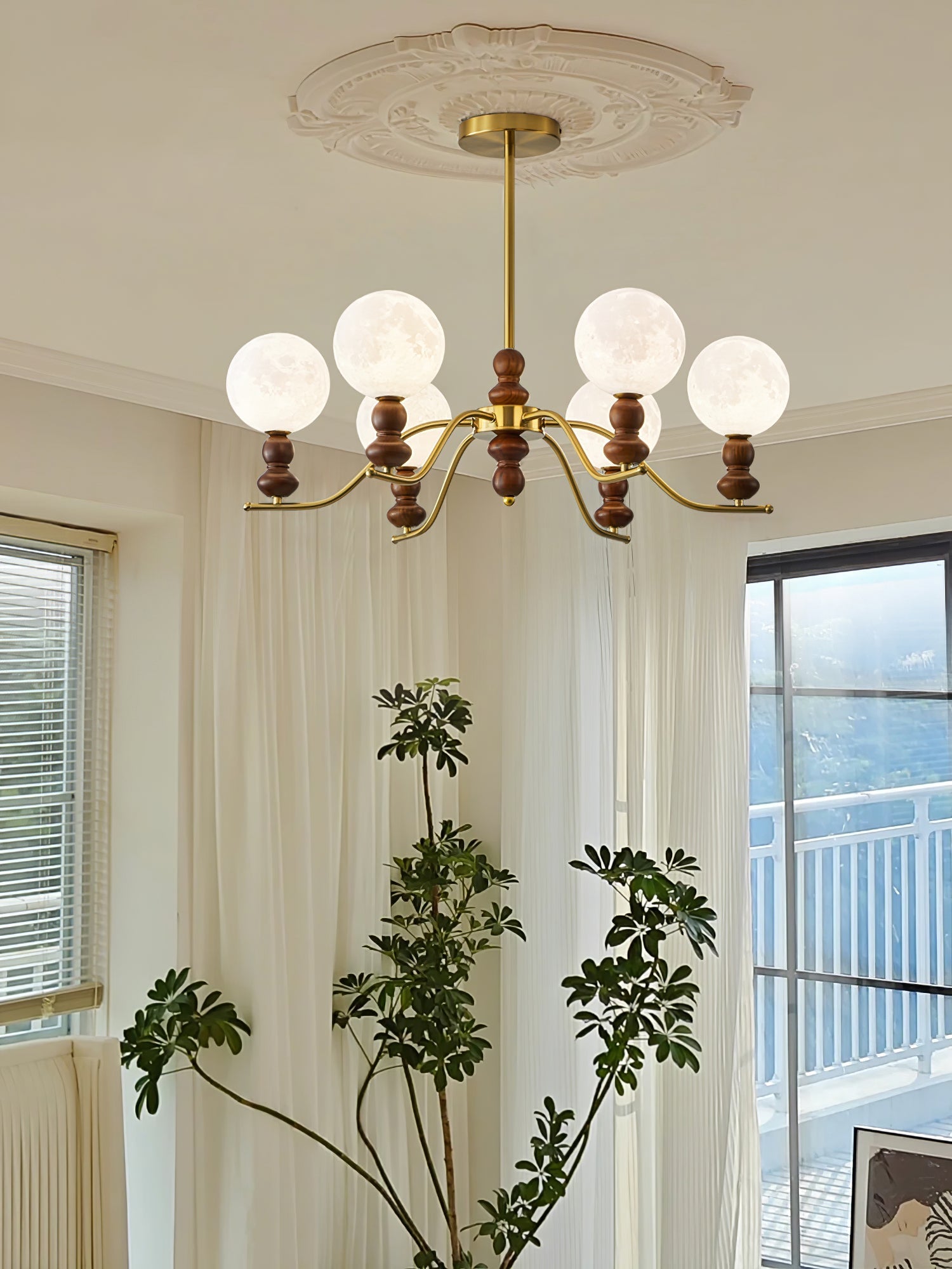 Lustra Chandelier Brass Wood Moon Globe Elegant - Letslighting