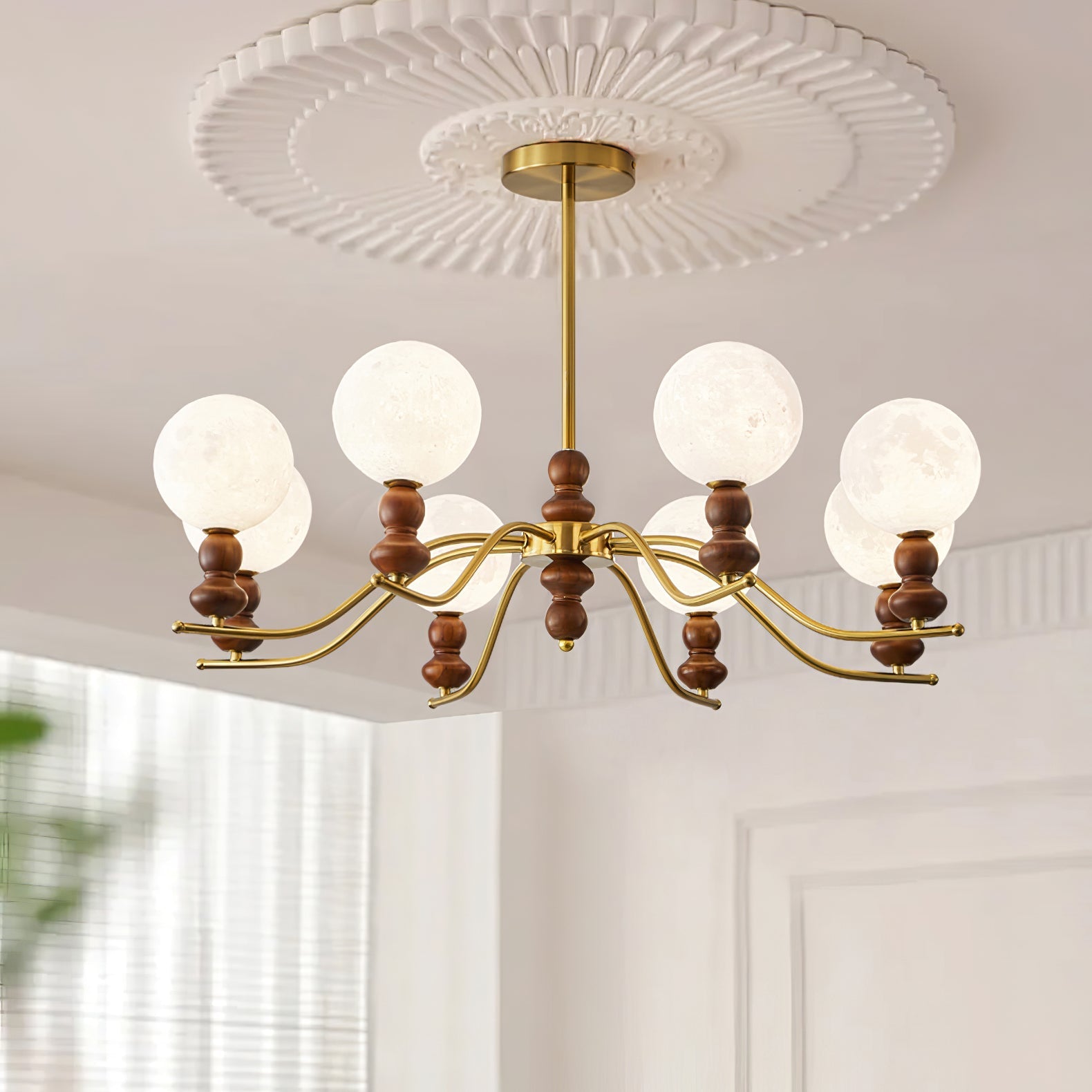 Lustra Chandelier Brass Wood Moon Globe Elegant - Letslighting