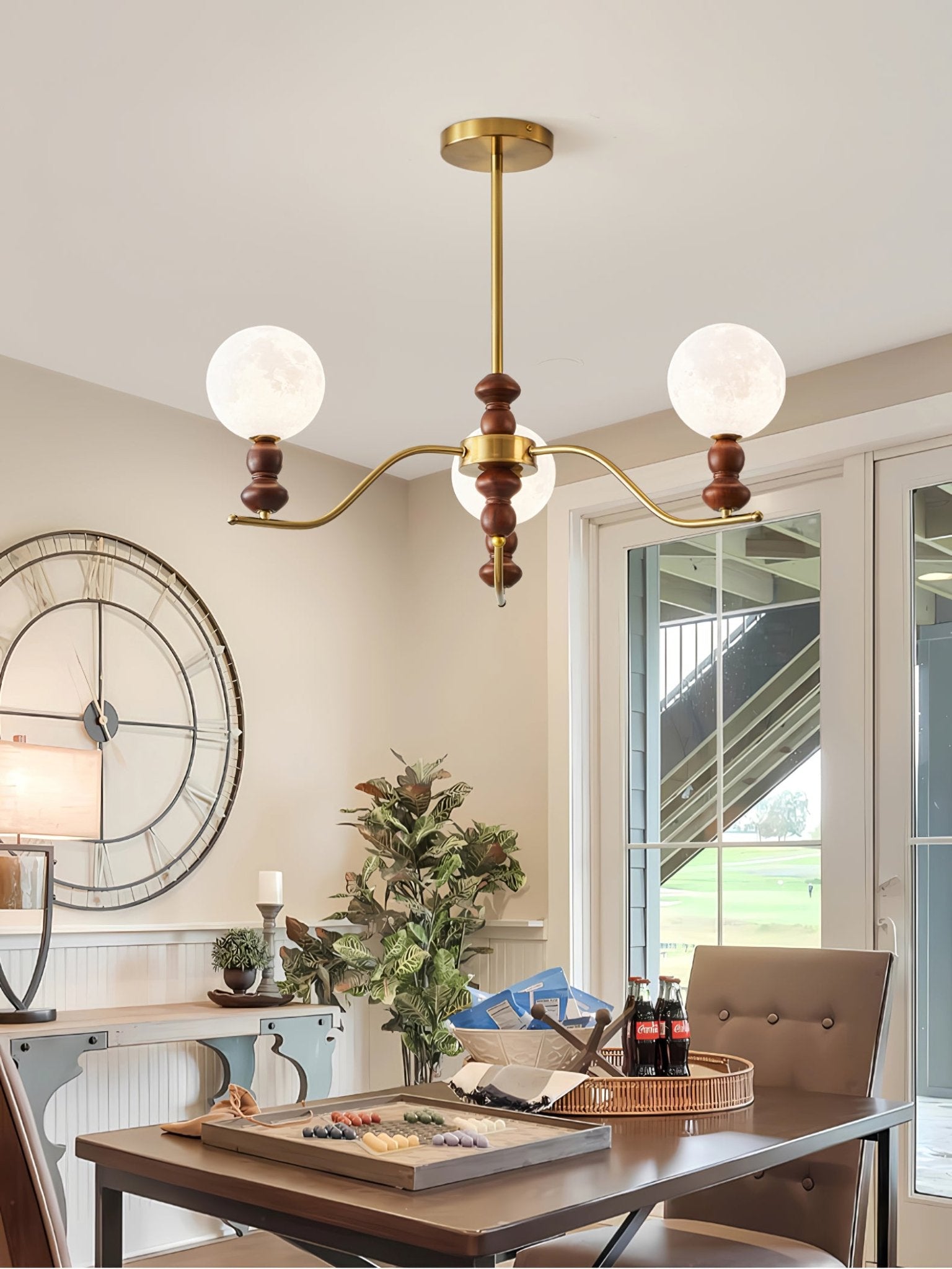 Lustra Chandelier Brass Wood Moon Globe Elegant - Letslighting