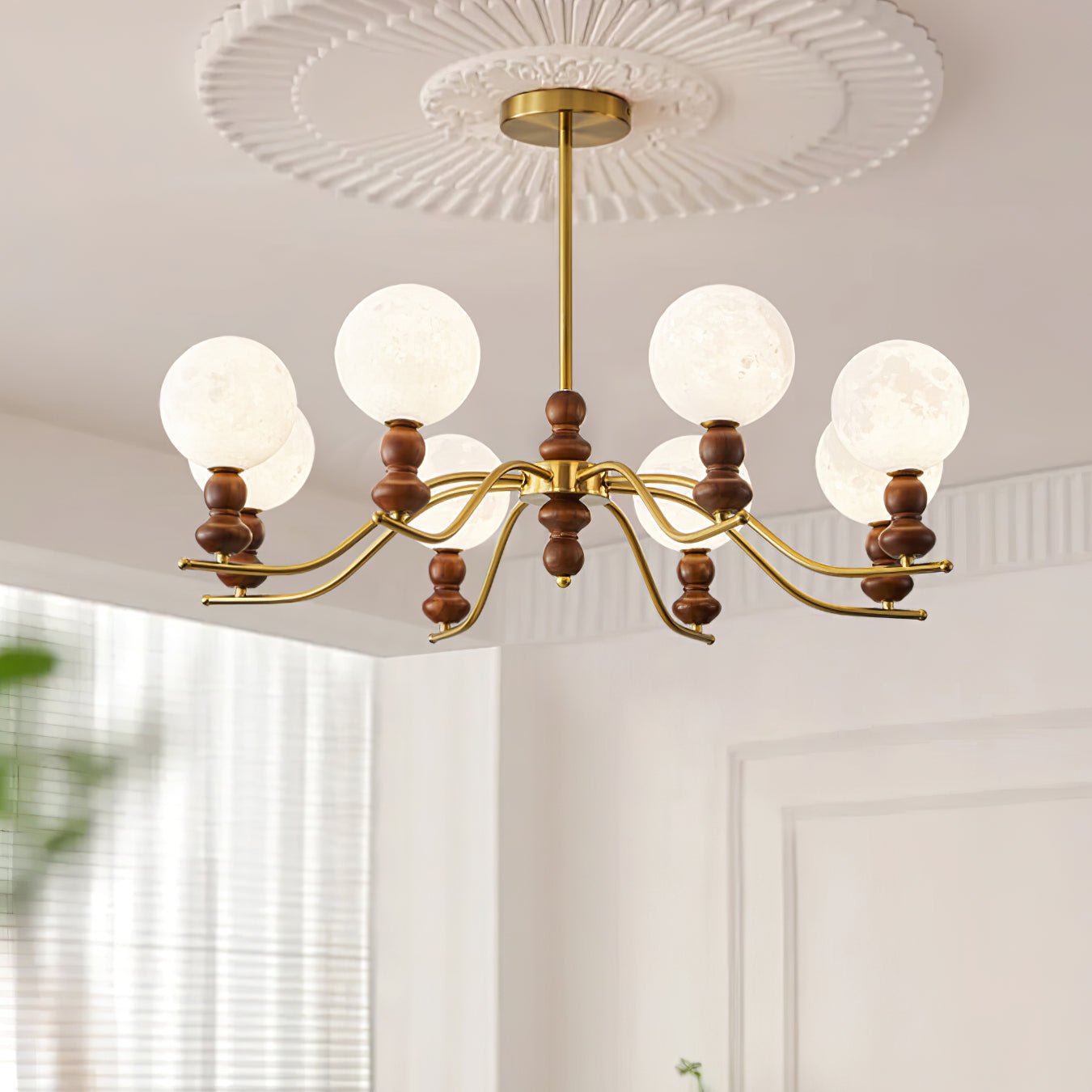 Lustra Chandelier Brass Wood Moon Globe Elegant - Letslighting