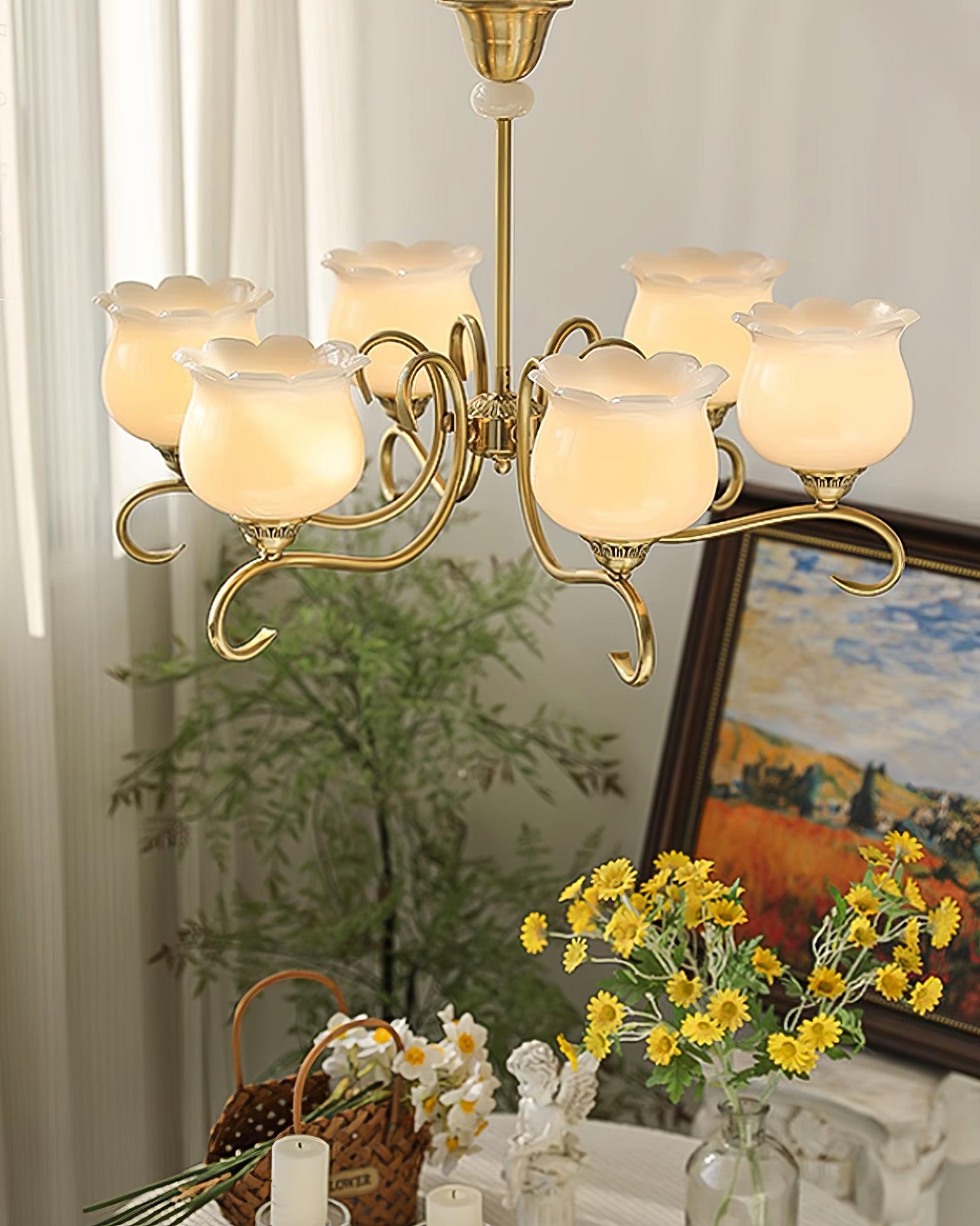 Mullan Chandelier Brass Resin Shades Floral Sculptural - Letslighting