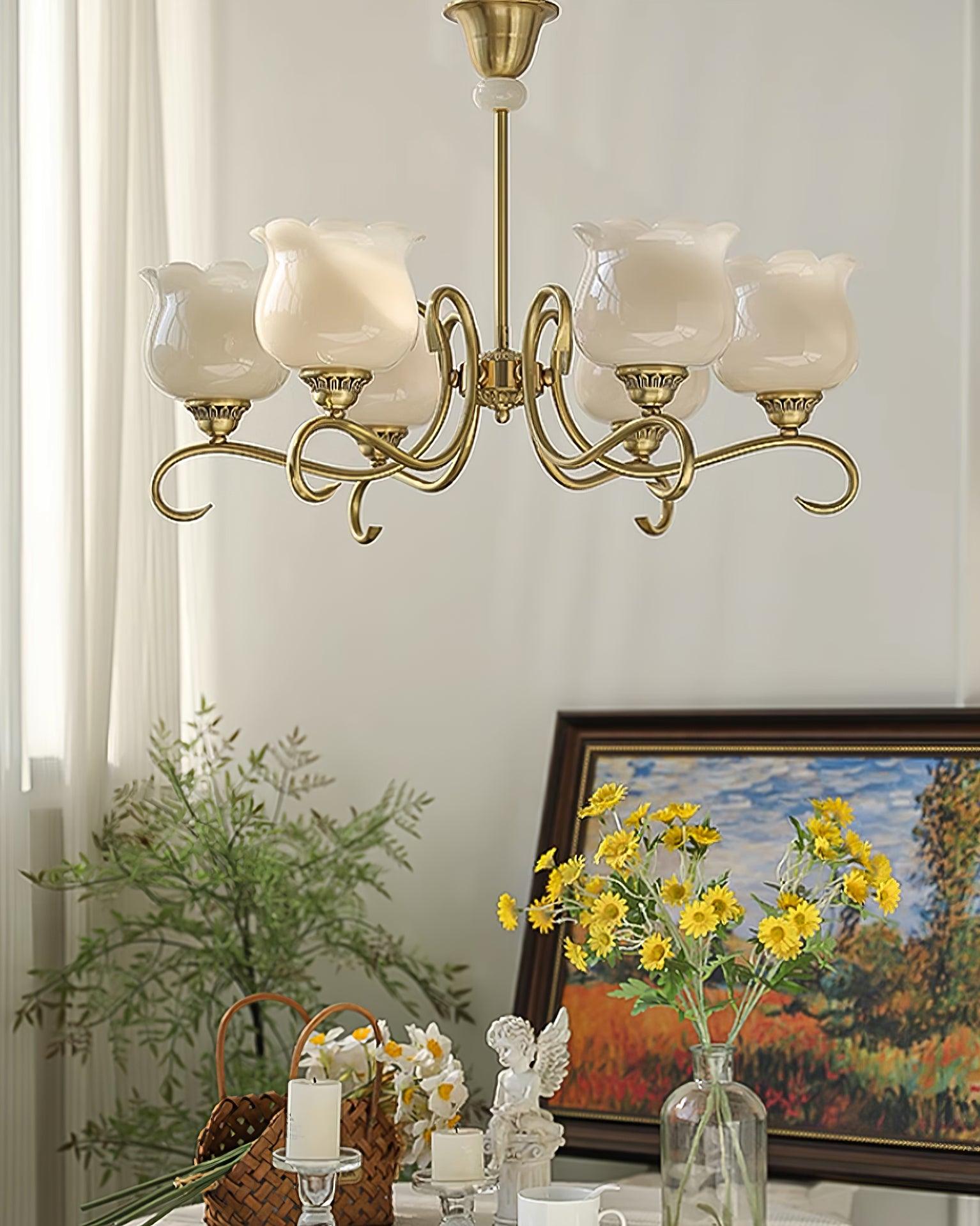 Mullan Chandelier Brass Resin Shades Floral Sculptural - Letslighting