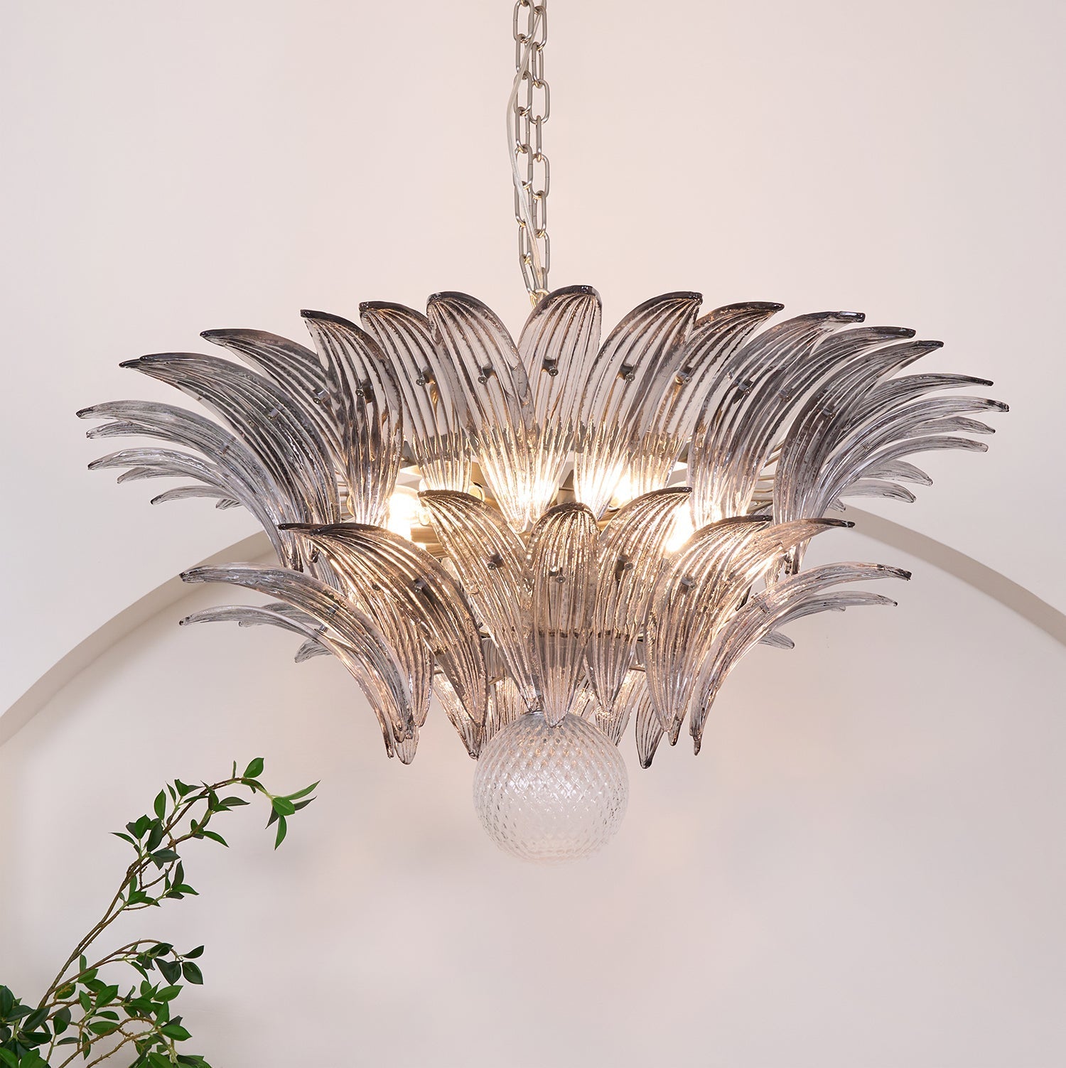 Aurora Chandelier Palmette Clear Murano Glass Leaf Layered
