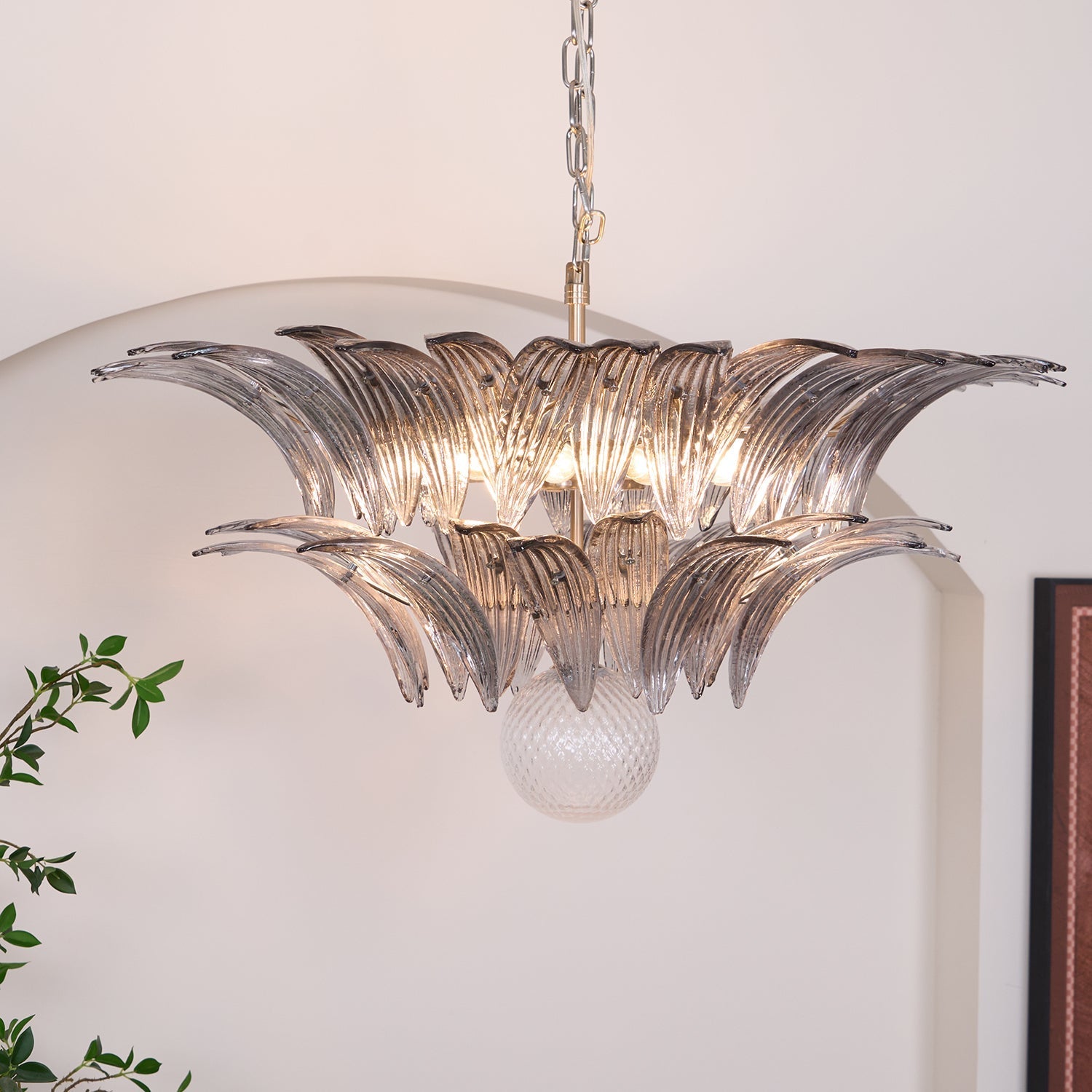 Aurora Chandelier Palmette Clear Murano Glass Leaf Layered