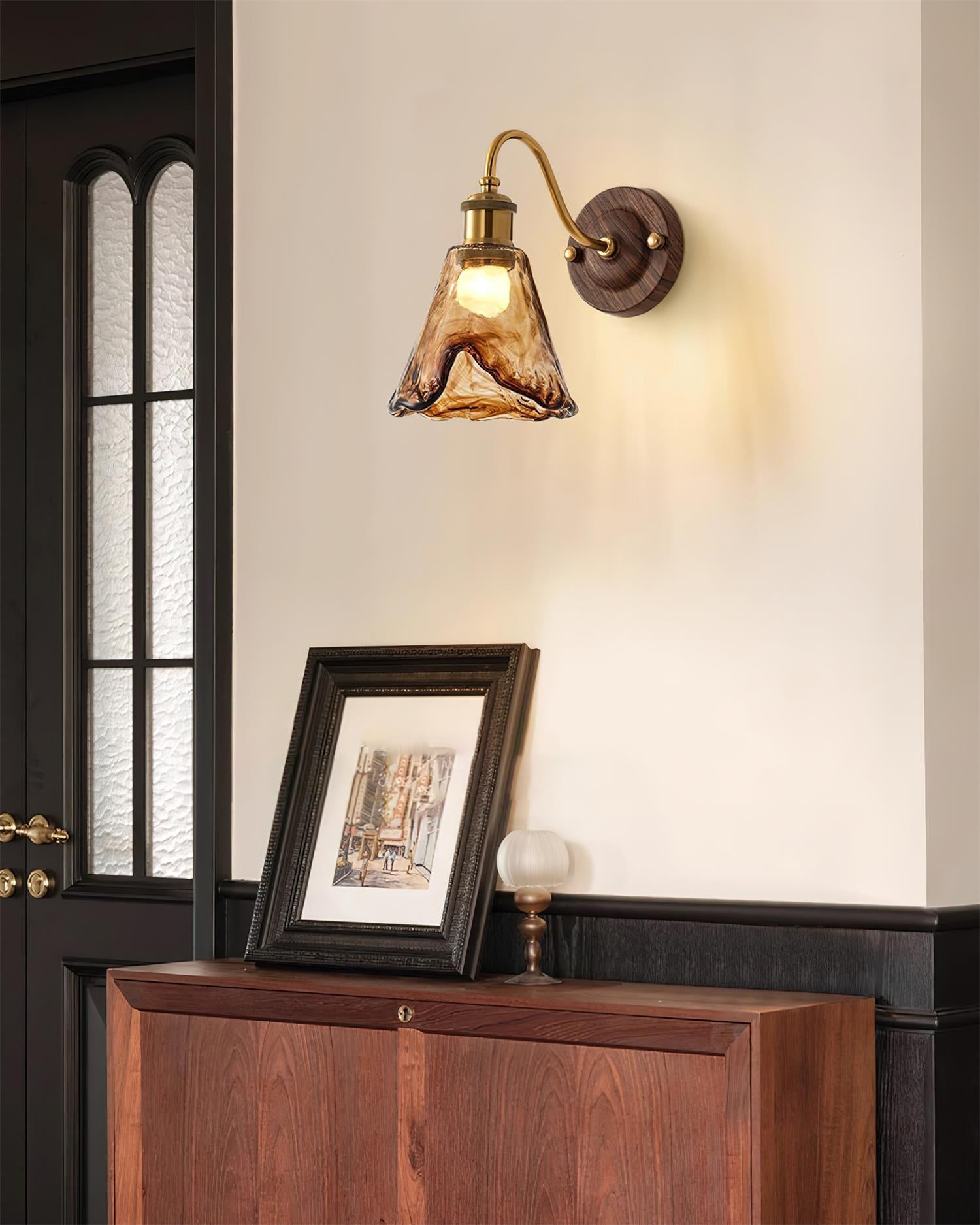 Wall Lamp Amber Glass Shade Walnut Gold Vintage Modern Sconce - Letslighting