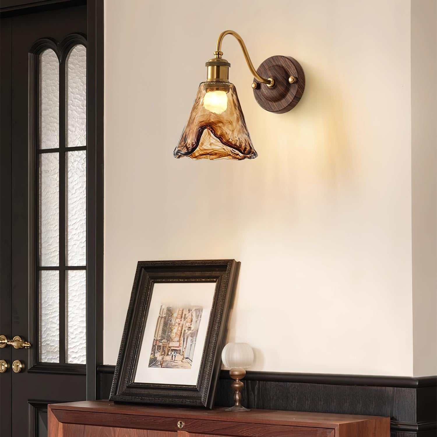 Wall Lamp Amber Glass Shade Walnut Gold Vintage Modern Sconce - Letslighting
