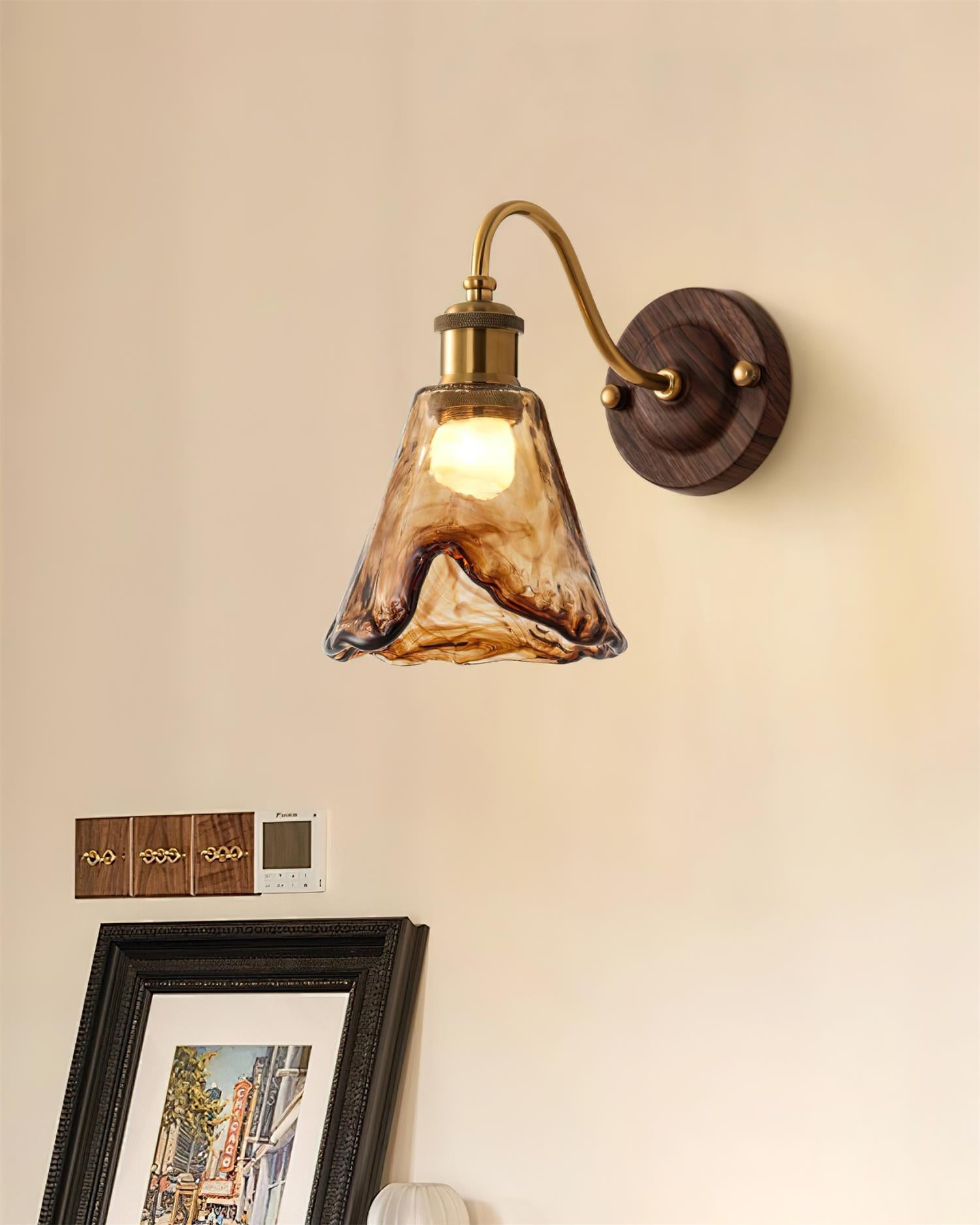 Wall Lamp Amber Glass Shade Walnut Gold Vintage Modern Sconce - Letslighting