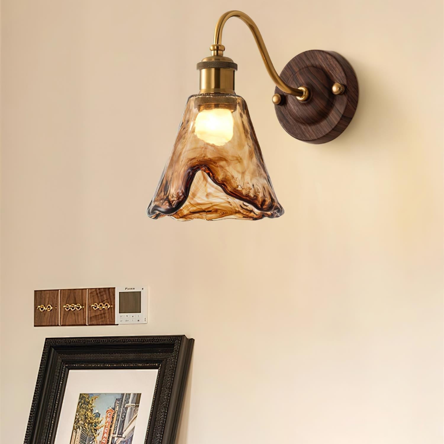 Wall Lamp Amber Glass Shade Walnut Gold Vintage Modern Sconce - Letslighting