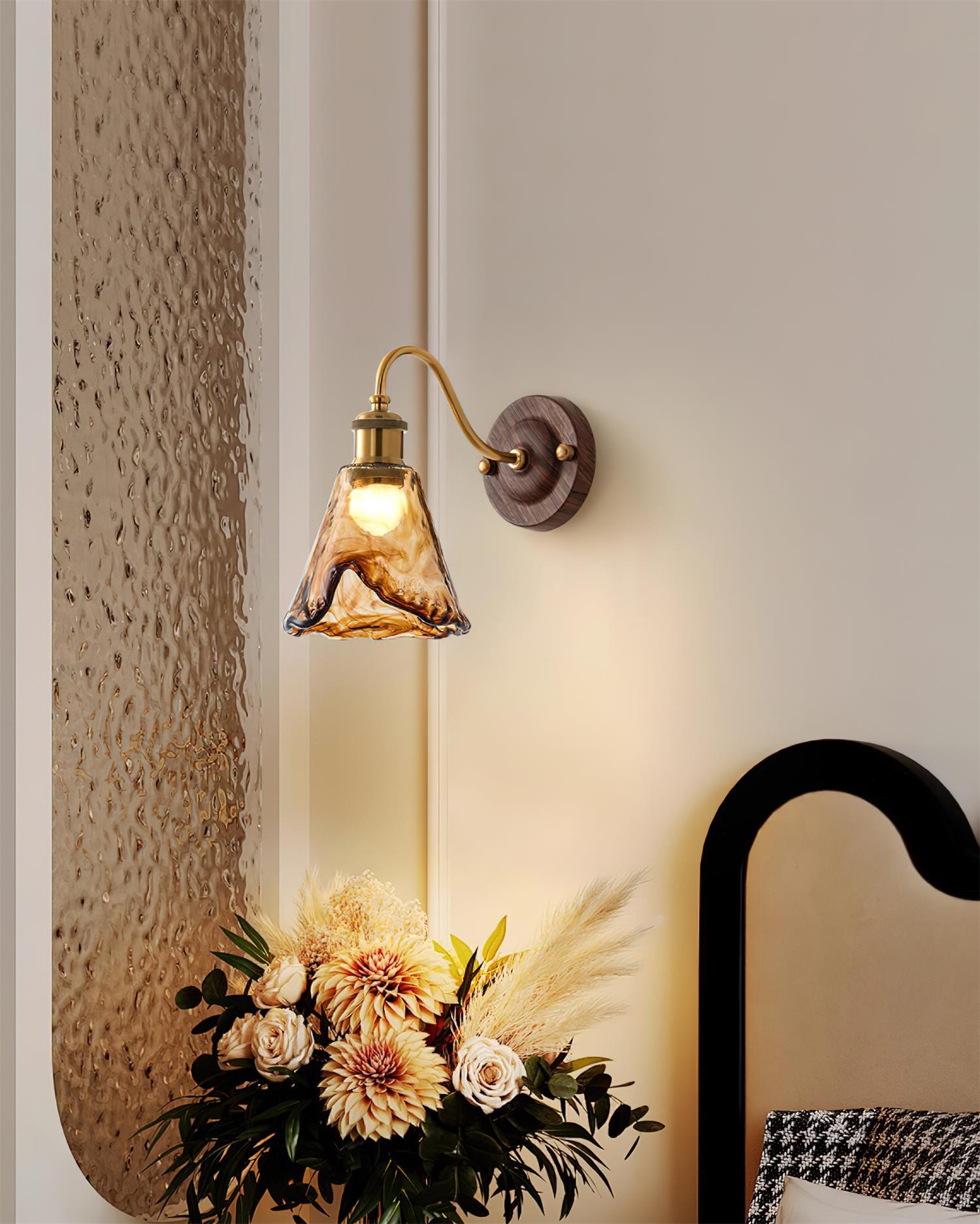 Wall Lamp Amber Glass Shade Walnut Gold Vintage Modern Sconce - Letslighting