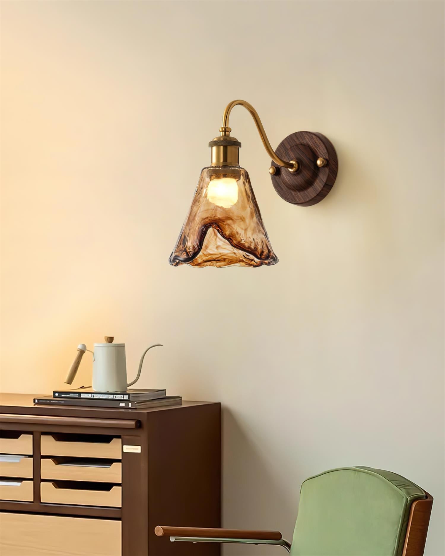 Wall Lamp Amber Glass Shade Walnut Gold Vintage Modern Sconce - Letslighting